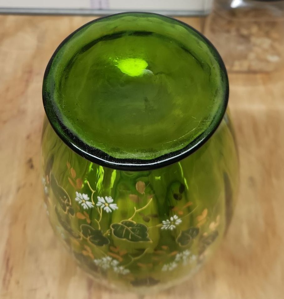 VICTORIAN ERA FLORAL GILDED ENAMEL GREEN BOHEMIAN OPTIC ART GLASS VASE - image 7 of 8