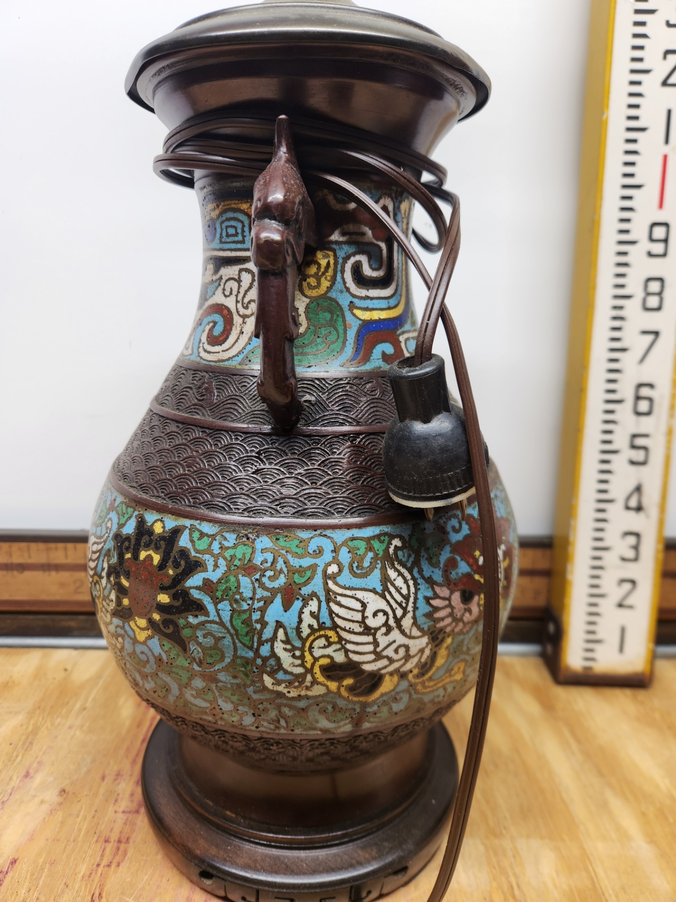 Antique Cloisonne Champleve Enamel Lamp With Figural Handles - image 7 of 11