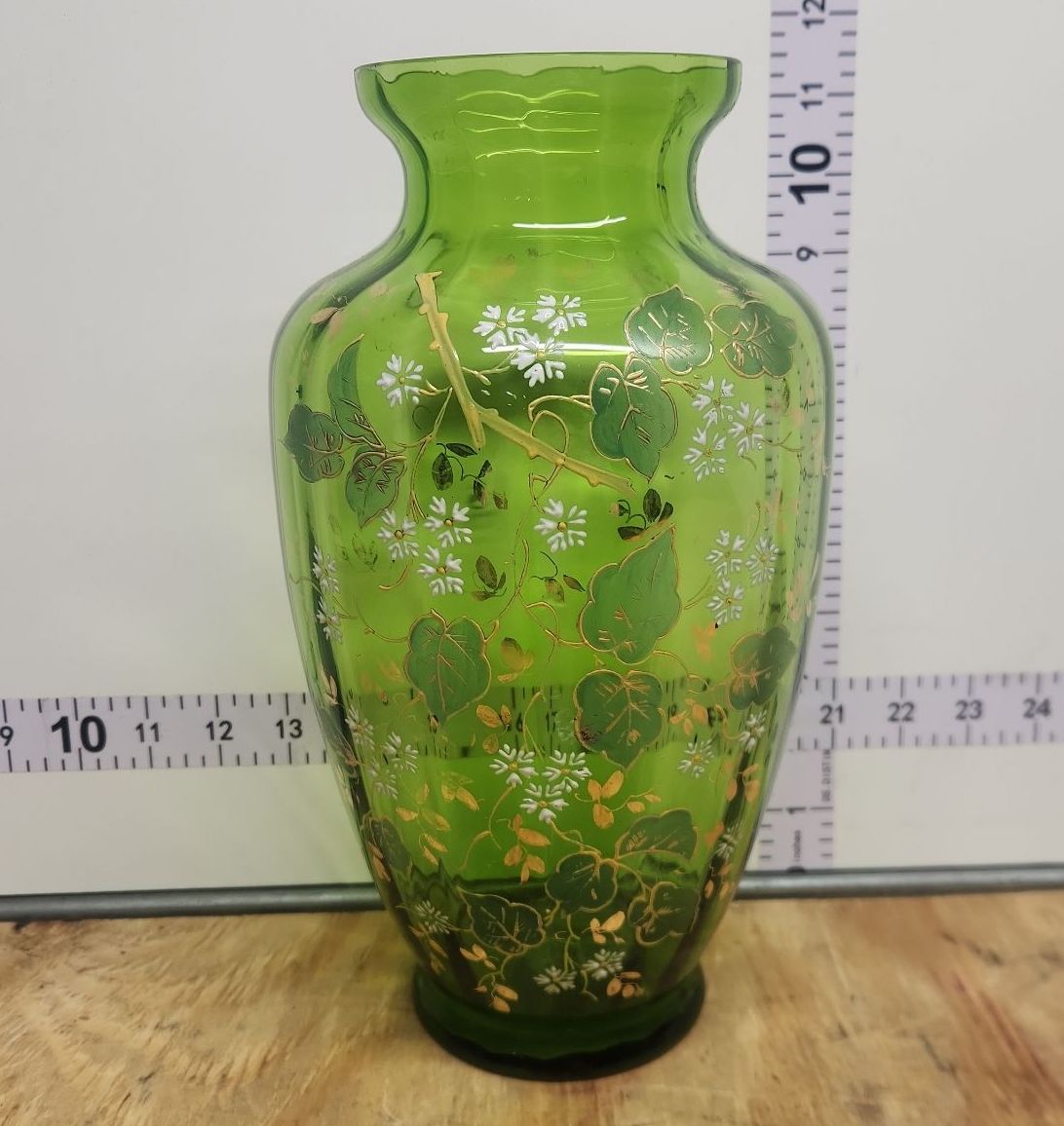 VICTORIAN ERA FLORAL GILDED ENAMEL GREEN BOHEMIAN OPTIC ART GLASS VASE - image 1 of 8
