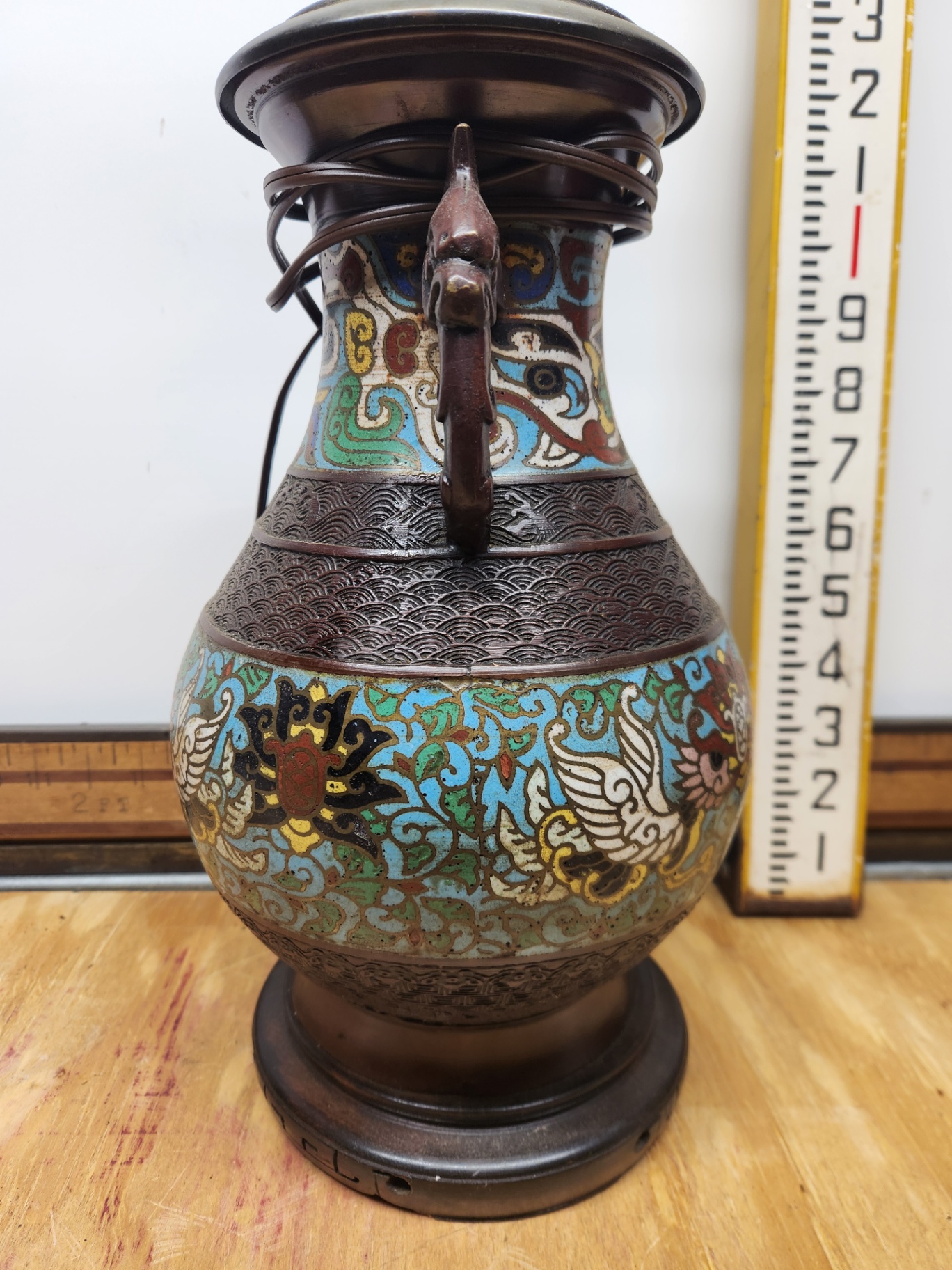 Antique Cloisonne Champleve Enamel Lamp With Figural Handles - image 4 of 11