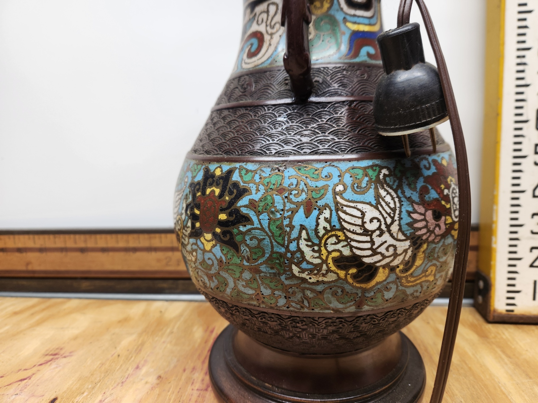 Antique Cloisonne Champleve Enamel Lamp With Figural Handles - image 8 of 11