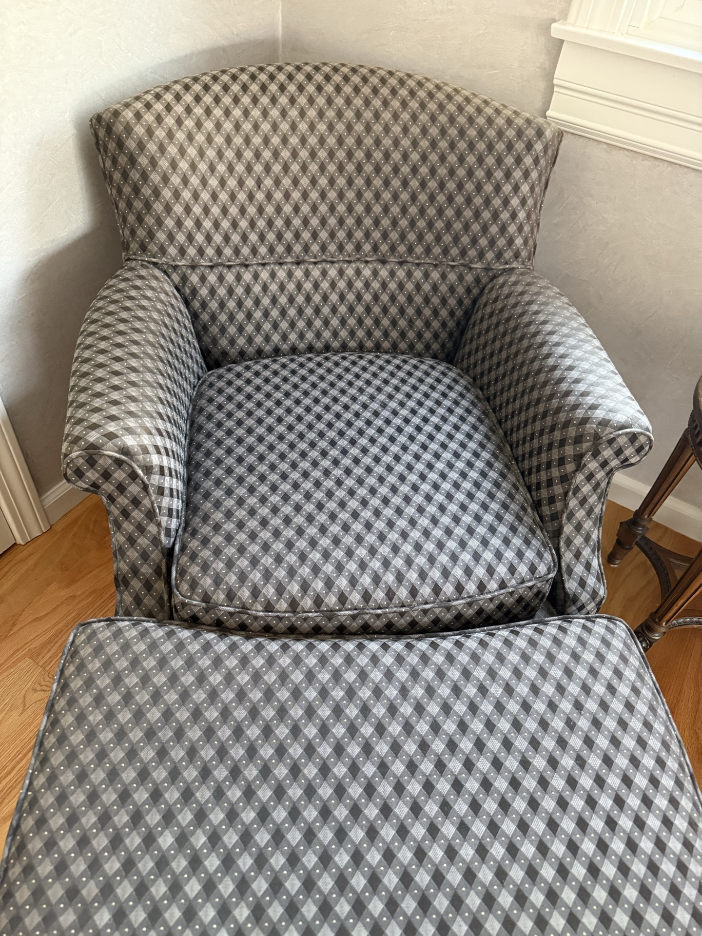 Louis XVI style armchair with ottoman, marble-top side table, and plant - image 2 of 6
