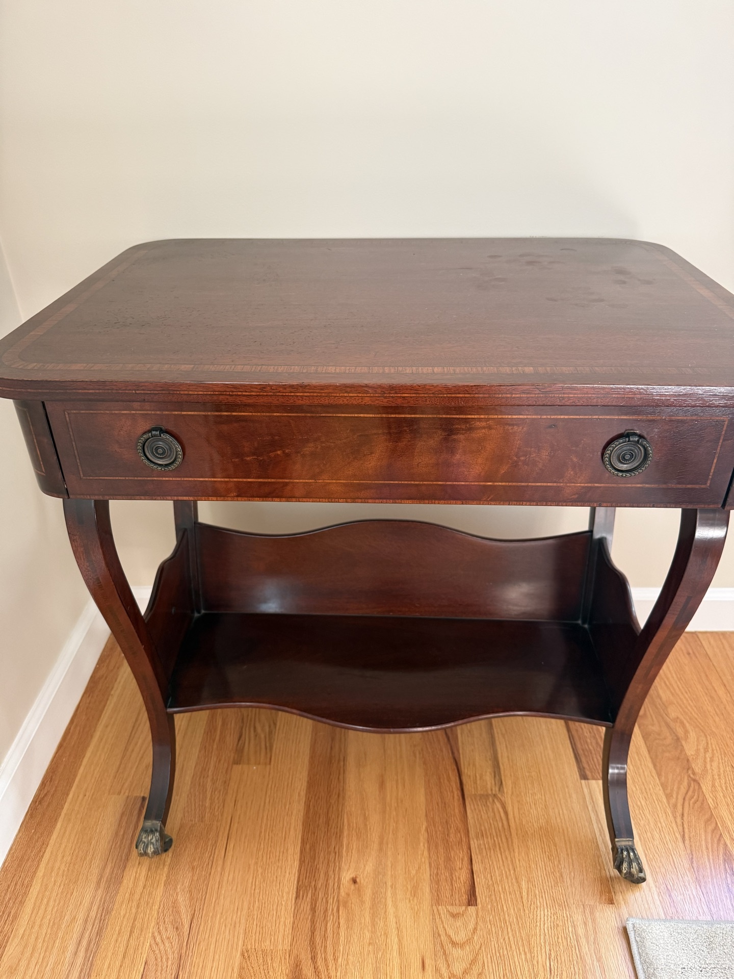 Antique mahogany end table with drawer and shelf - image 1 of 6