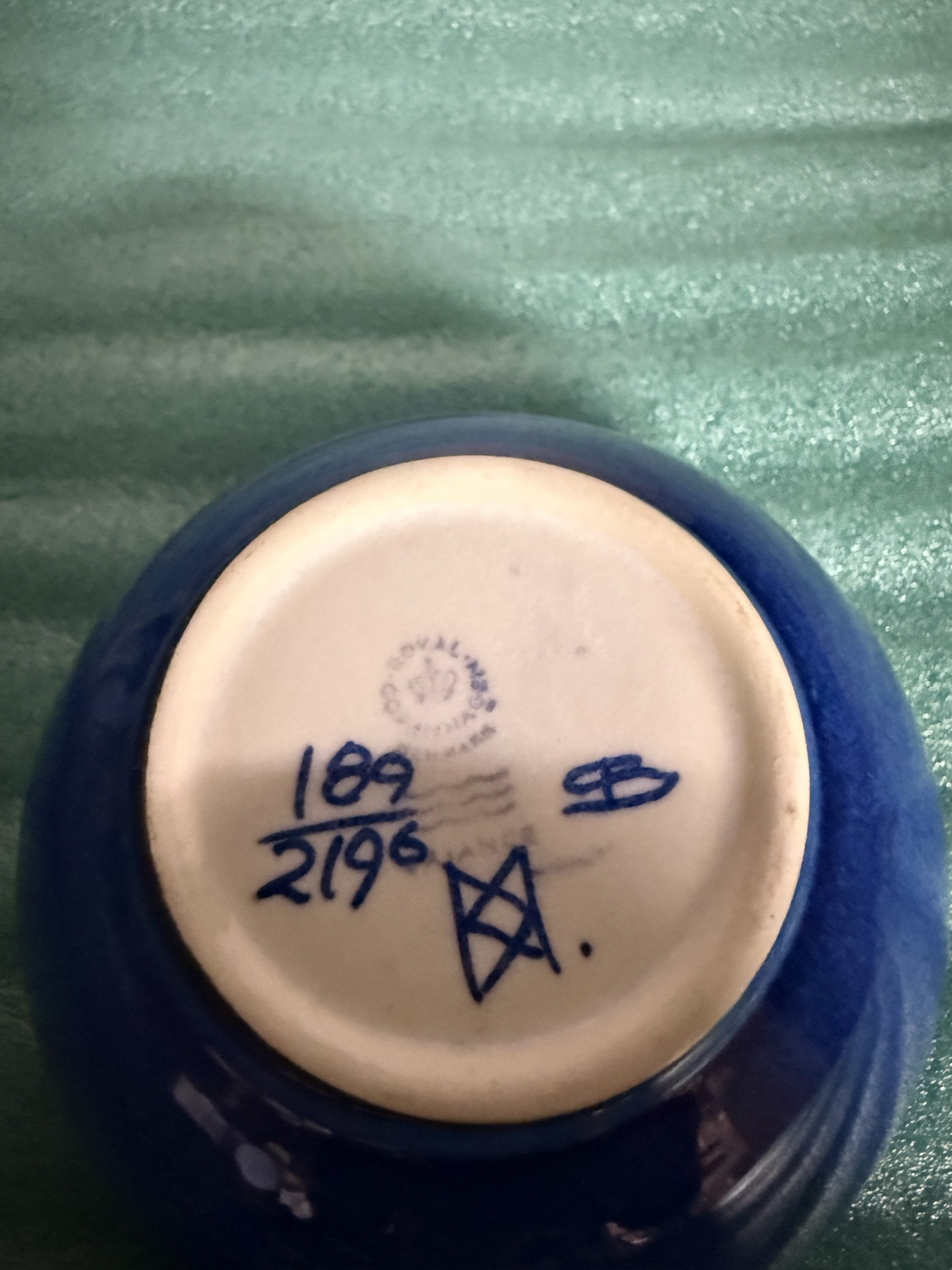 Royal Copenhagen porcelain statue, blue patterned bowl, and cloisonné pipe - image 2 of 5