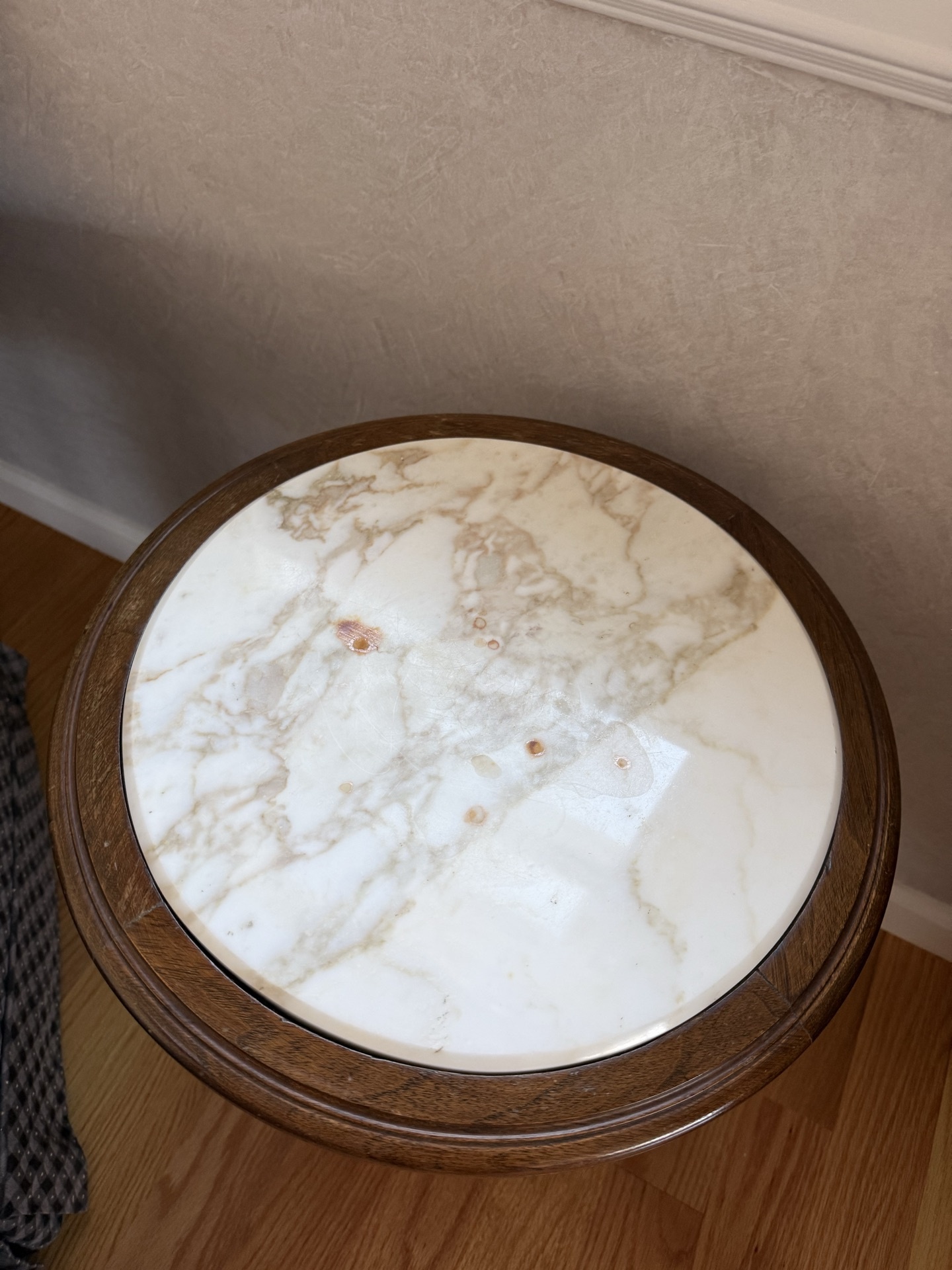 Louis XVI style armchair with ottoman, marble-top side table, and plant - image 5 of 6