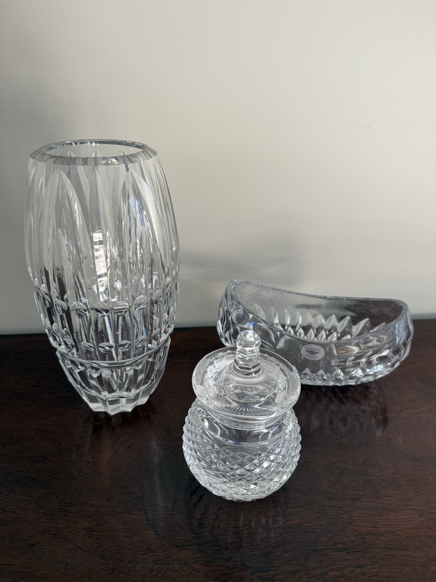 Crystal glassware: Waterford vase, Waterford honey jar with lid, and Gorham dish - image 1 of 7