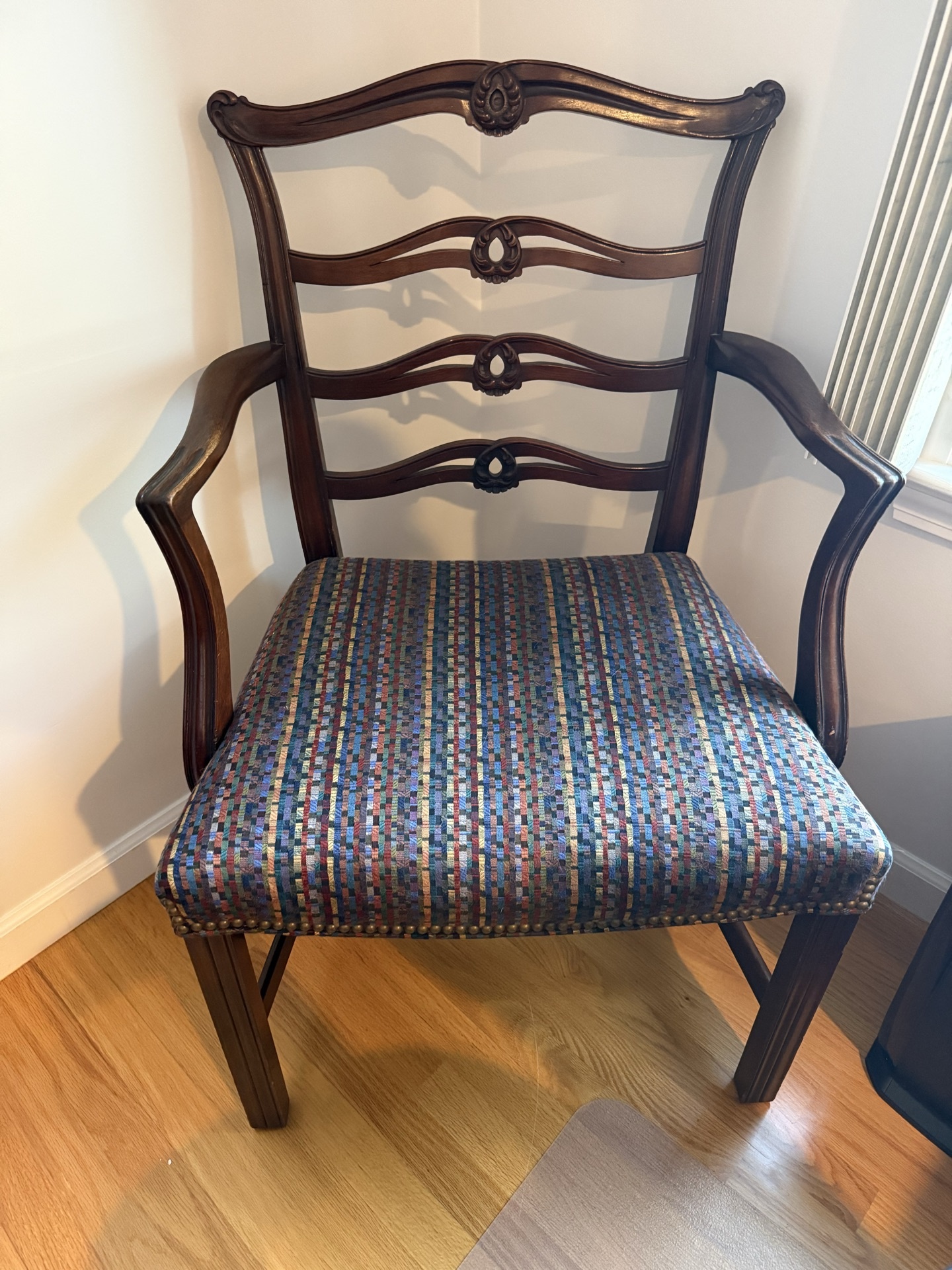 Chippendale-style wooden chair with upholstered patterned seat - image 1 of 3