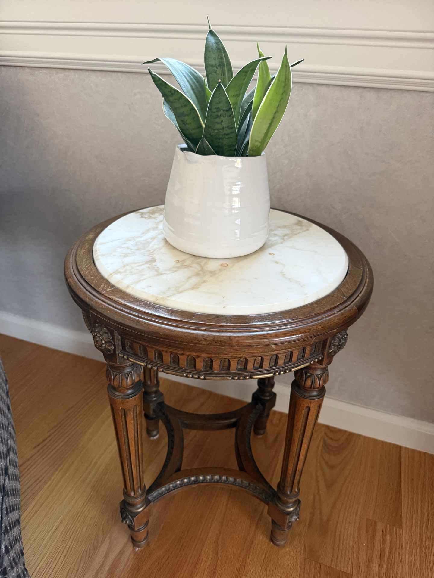 Louis XVI style armchair with ottoman, marble-top side table, and plant - image 3 of 6
