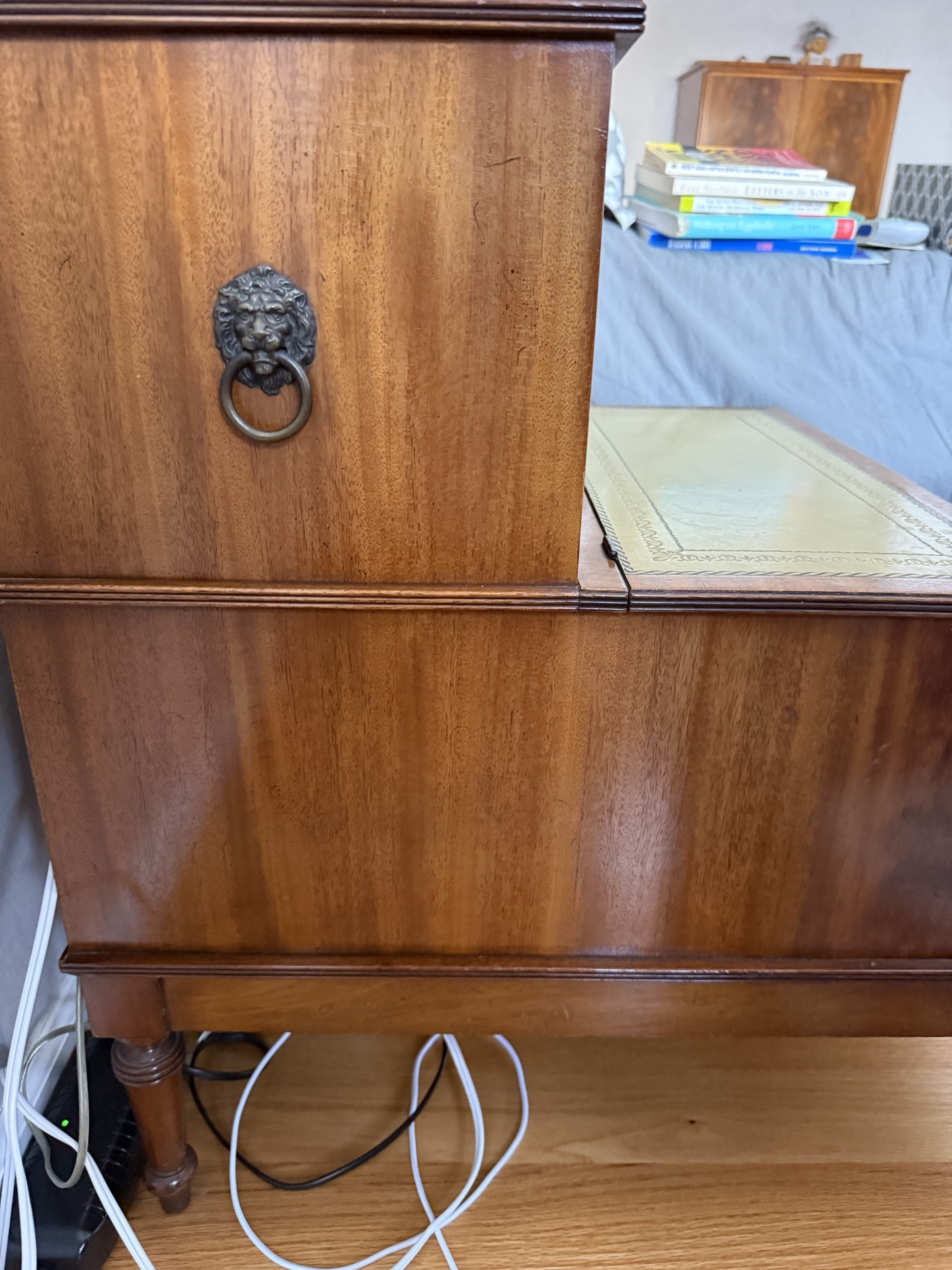 Pair of vintage wooden end tables with leather-inset tops - image 2 of 3