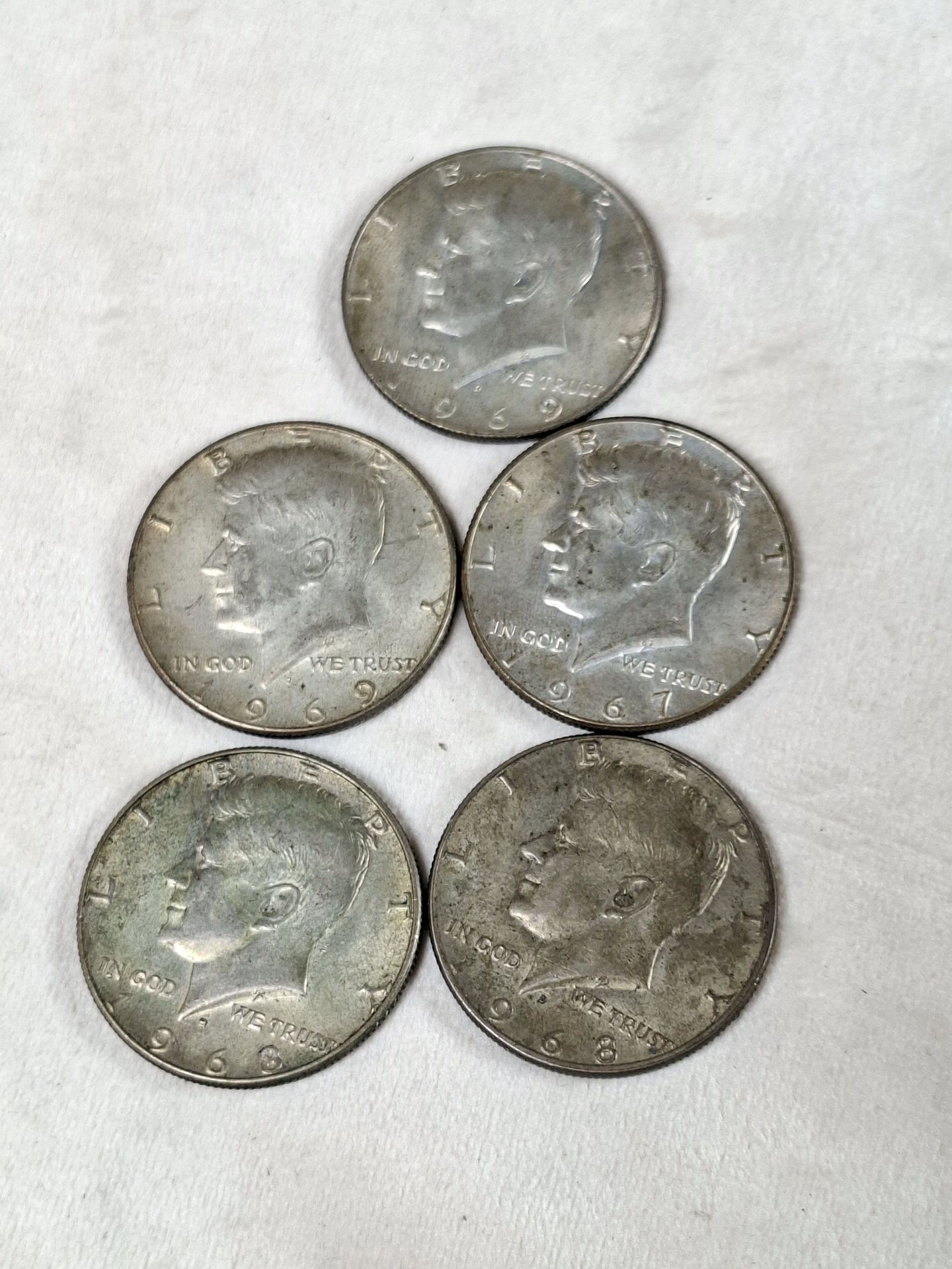 Five Kennedy Half Dollar Coins, 40% SILVER 1967,68,69 - image 4 of 4