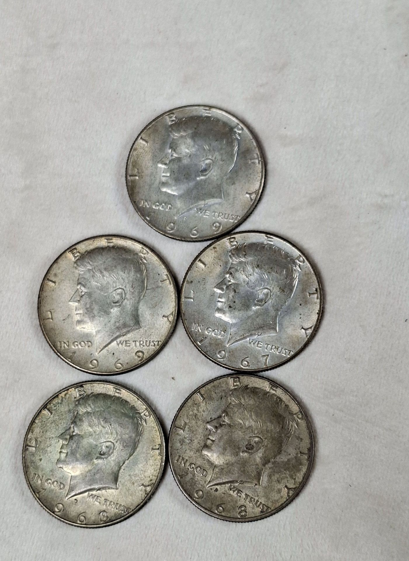Five Kennedy Half Dollar Coins, 40% SILVER 1967,68,69 - image 3 of 4