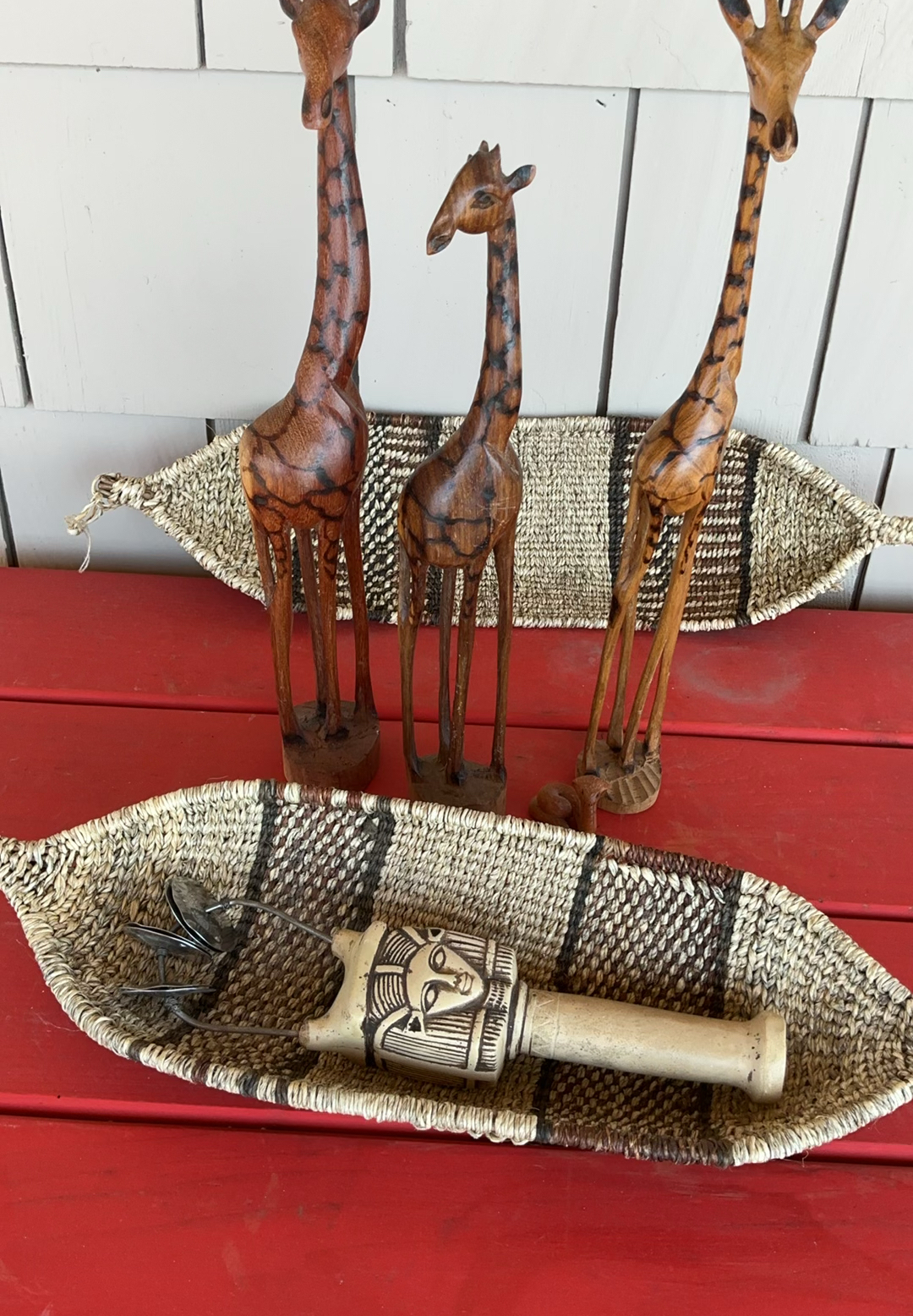 African Decor: Wood Giraffe Figurines, African Baskets, Egyptian Rattle - image 1 of 5