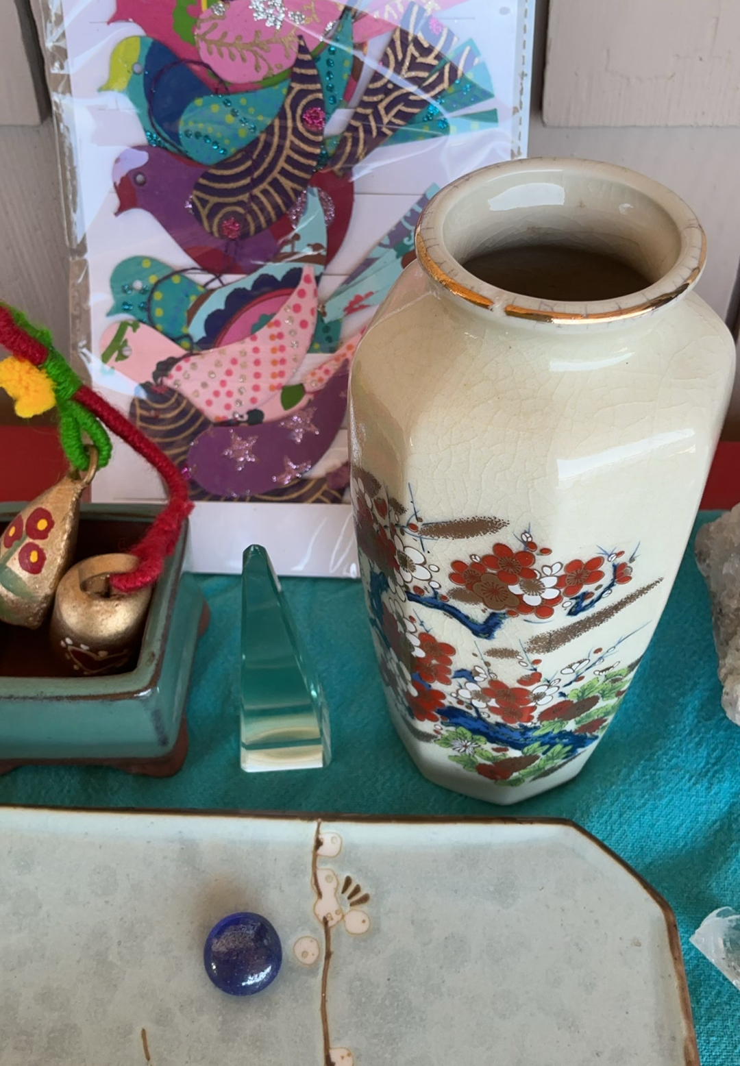 Assorted decorative Altar items: ceramics, artwork, crystals, and Tibetan prayer flags - image 4 of 9