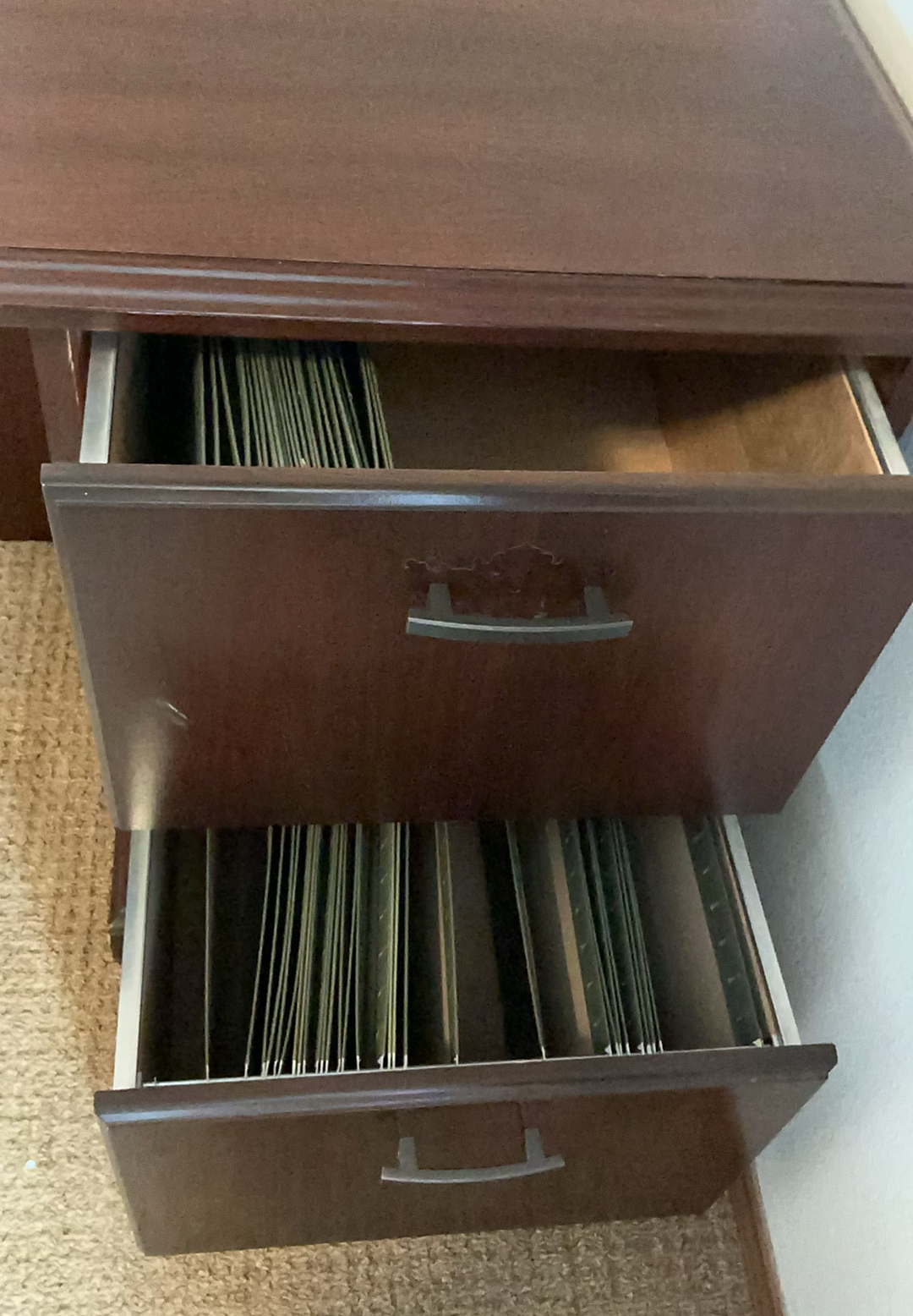 Dark Wood Office Desk with Center Keyboard Tray and Dual Pedestal Drawers - image 5 of 8