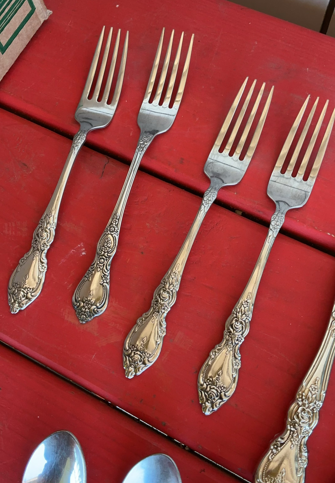 Vintage porcelain plates with floral rims, metal serving trays, egg tray, and ornate flatware set - image 11 of 13