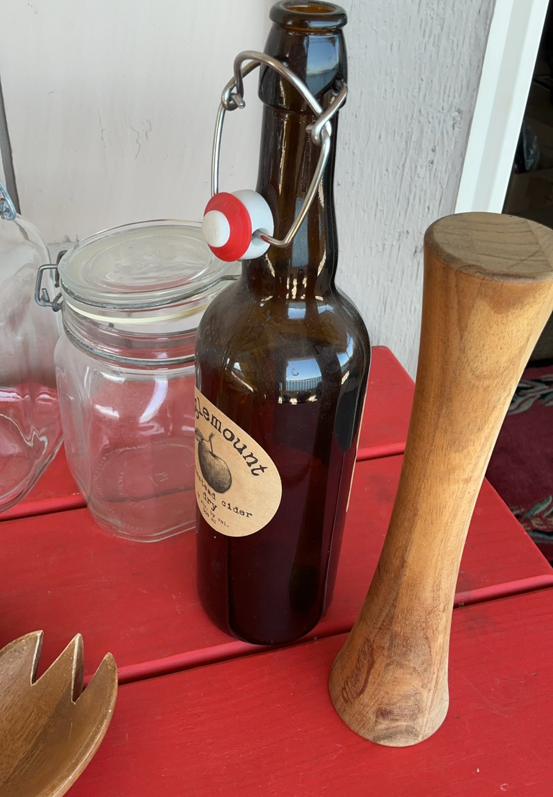 Assorted glass jars, bottles, and wooden kitchen utensils - image 4 of 6