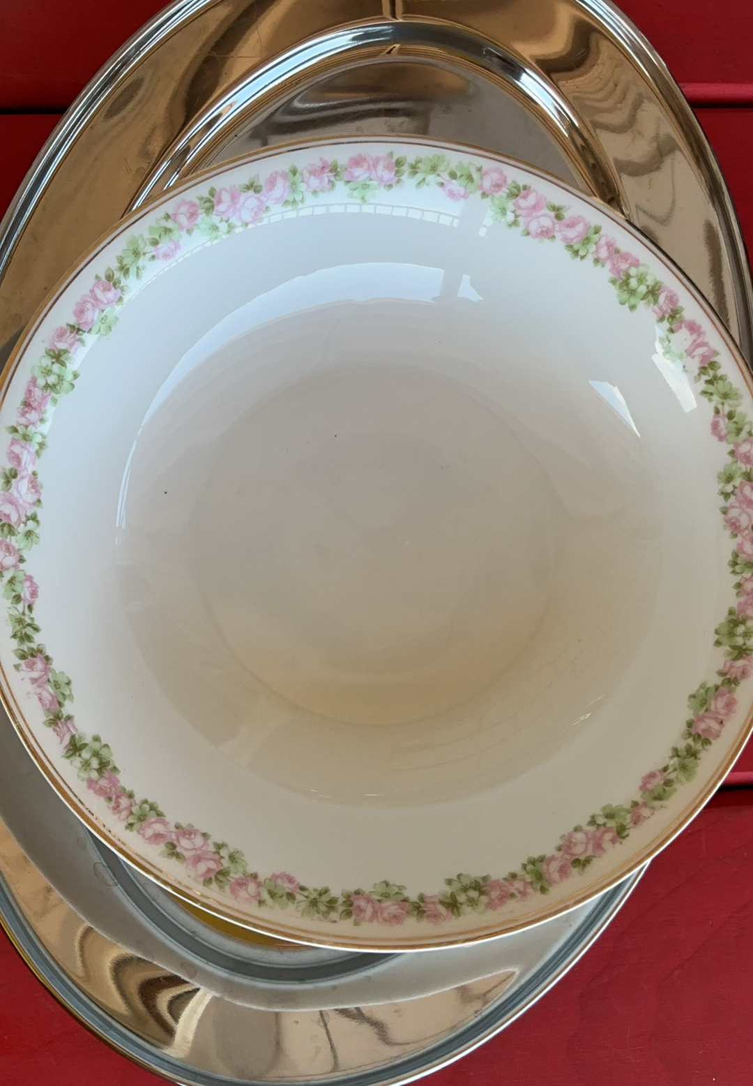 Vintage porcelain plates with floral rims, metal serving trays, egg tray, and ornate flatware set - image 6 of 13