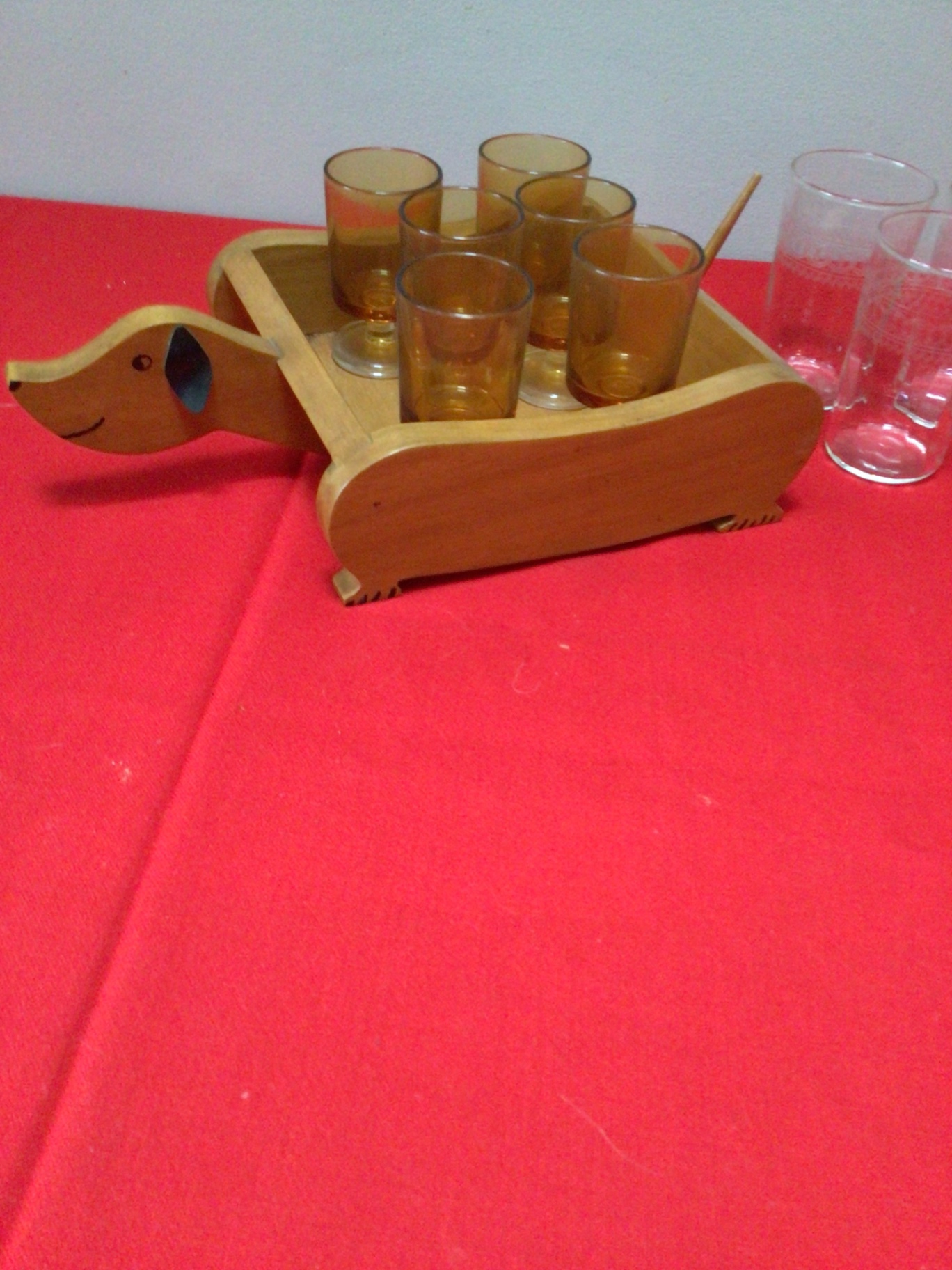 Wooden duck-shaped shot glass caddy with amber glasses - image 2 of 3
