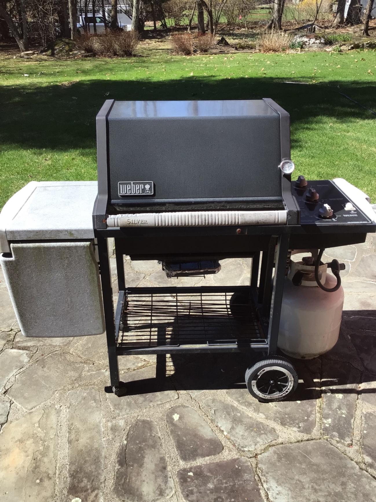 Weber gas grill on a wheeled cart with propane tank - image 1 of 4