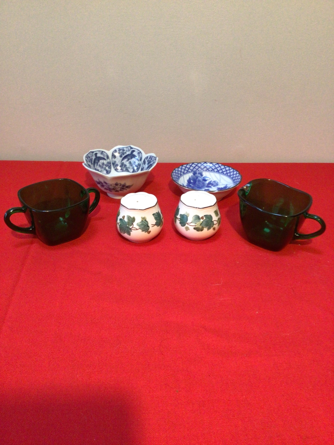 Blue-and-white porcelain bowls, salt-and-pepper shakers, and green glass mugs - image 1 of 4