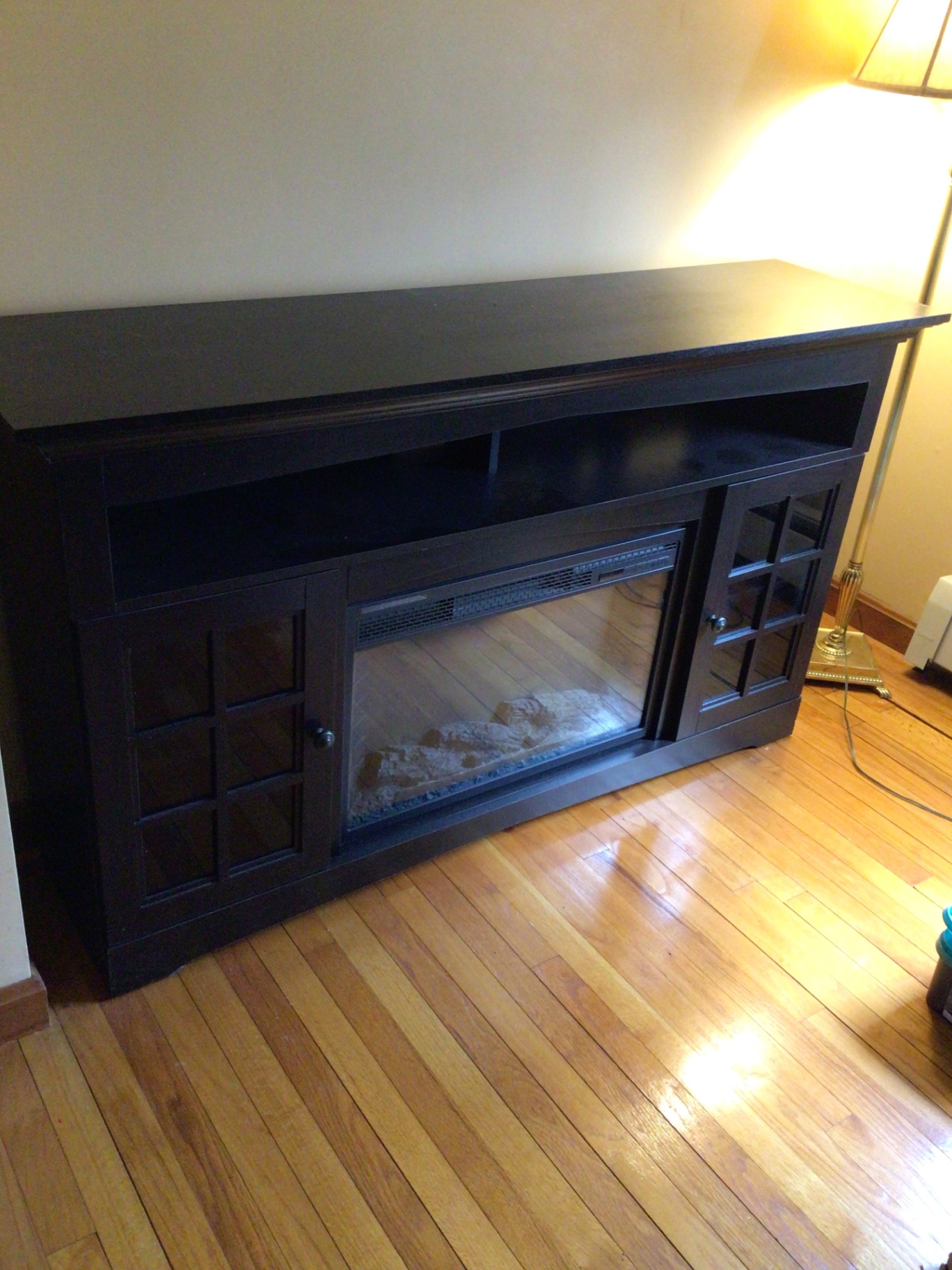 Dark Wood Fireplace Console with Built-in Fireplace and Glass Cabinets - image 1 of 3