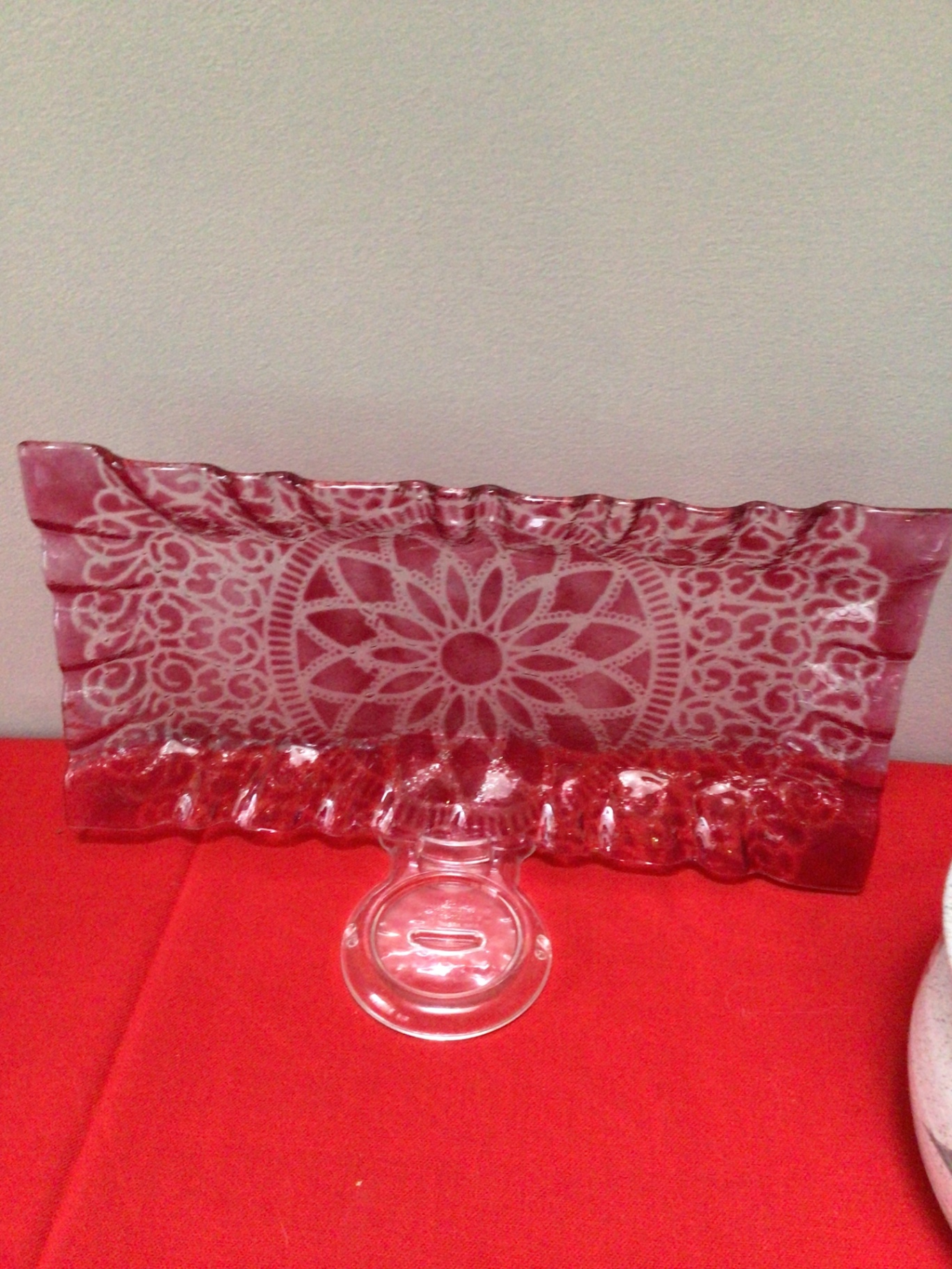 Pink embossed glass panel on pedestal and speckled ceramic lidded jar - image 2 of 4