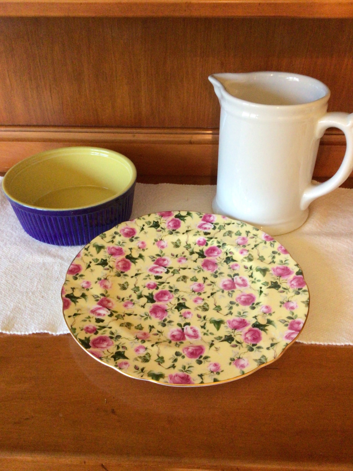Floral plate, purple ribbed bowl, and white pitcher - image 1 of 5