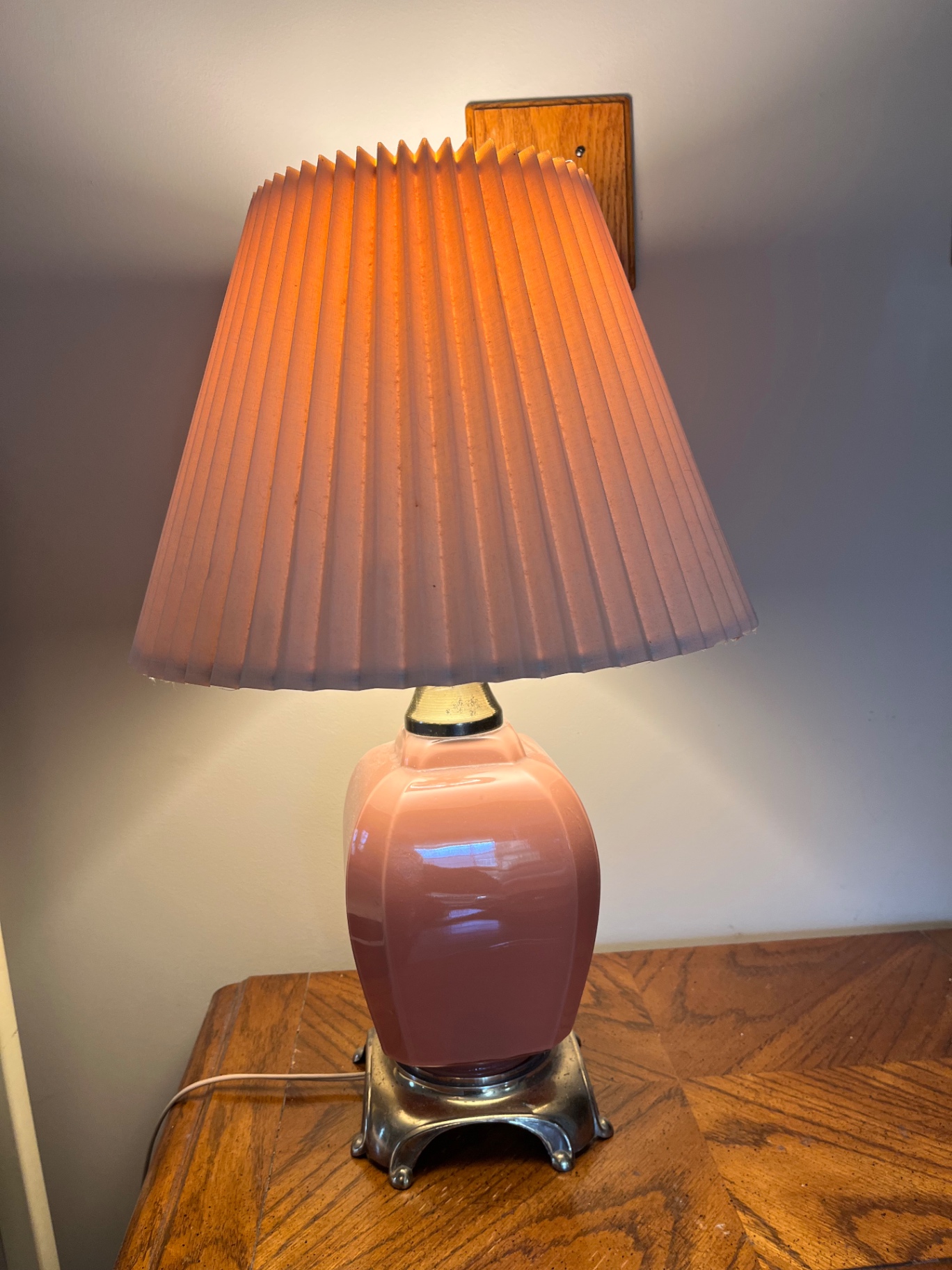 Pink ceramic lamp with a silver base with pleated shade - image 2 of 2