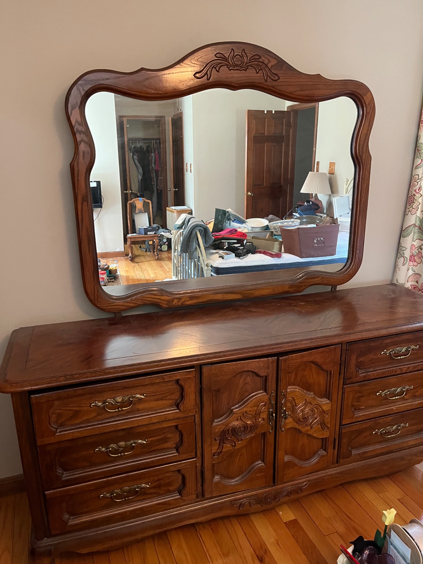 wooden dresser with ornate mirror - image 1 of 1