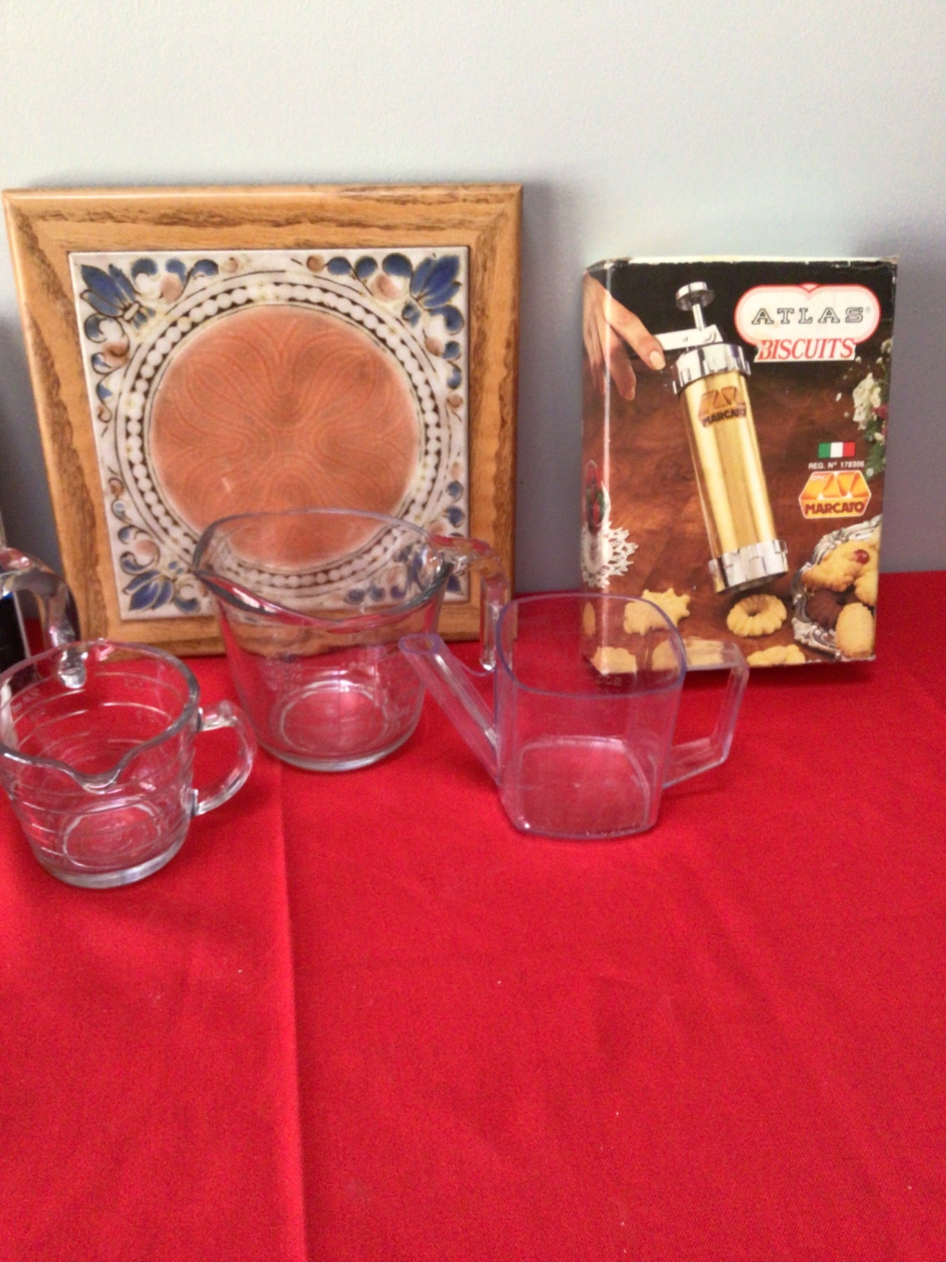Glass measuring cups, digital scale box, and decorative tile art - image 3 of 3