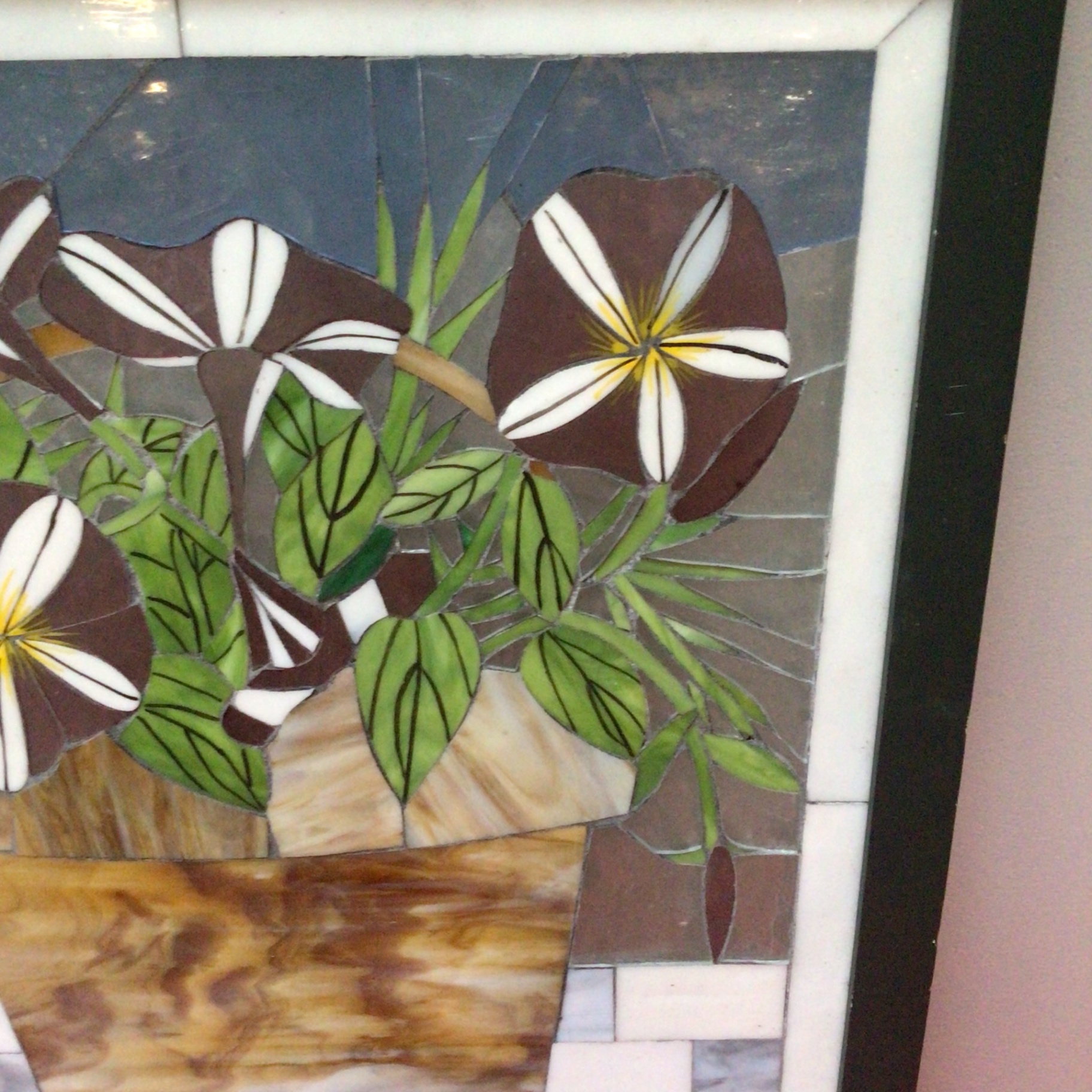Framed Mosaic Tile Art: Potted Plant with Brown-and-White Flowers - image 2 of 3