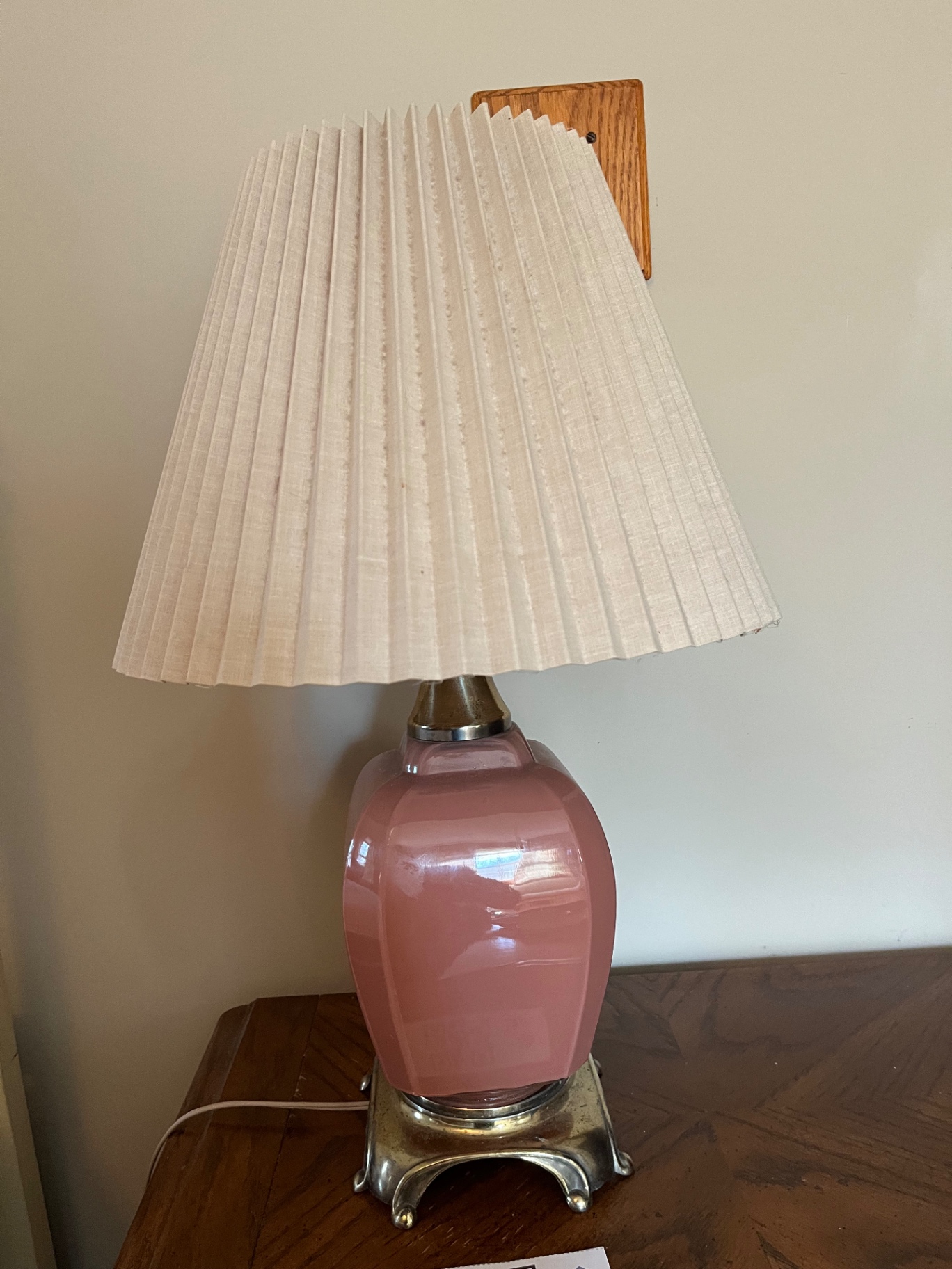 Pink ceramic lamp with a silver base with pleated shade - image 1 of 2