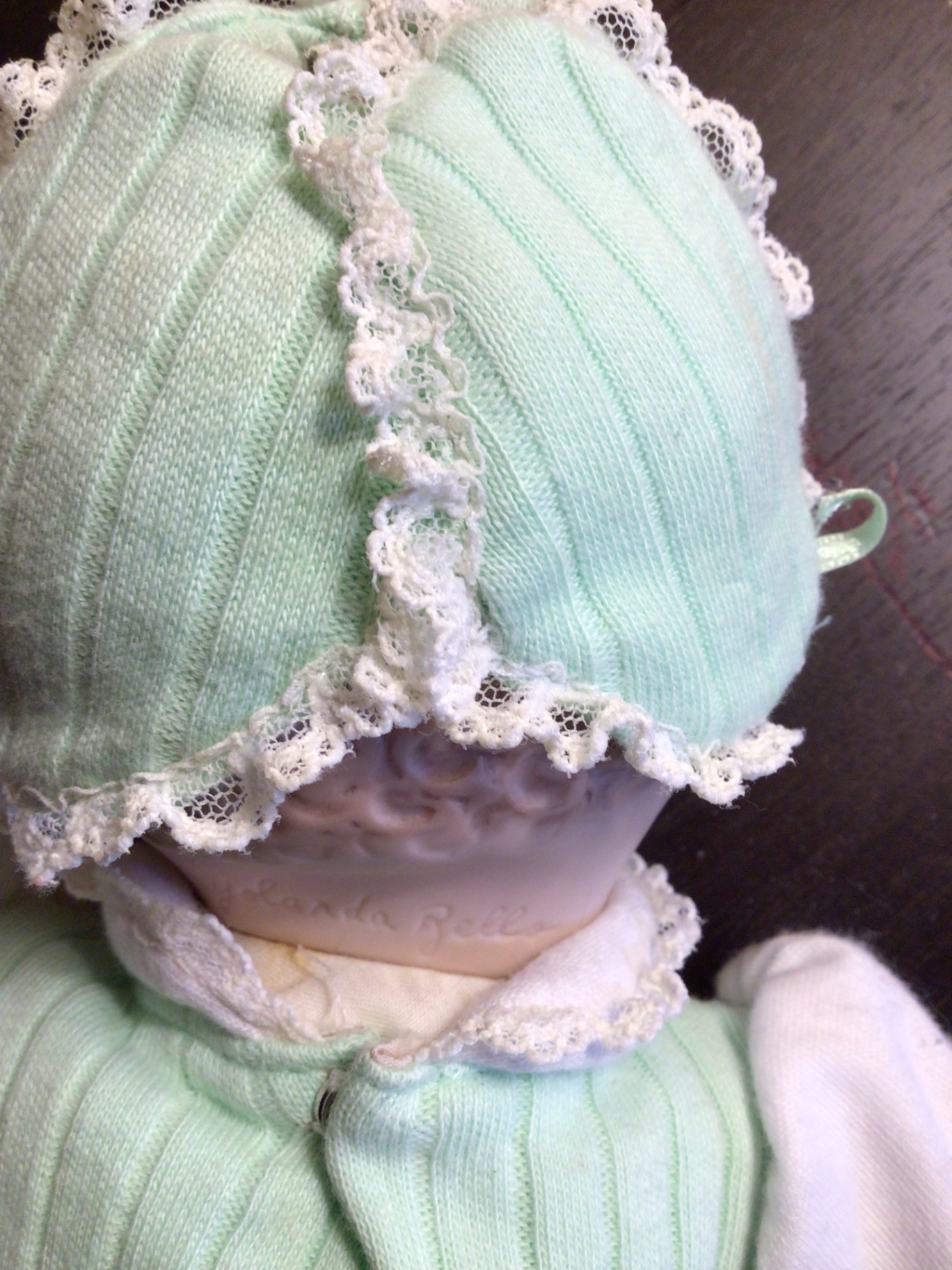Vintage doll in mint-green outfit with lace bonnet - image 3 of 3