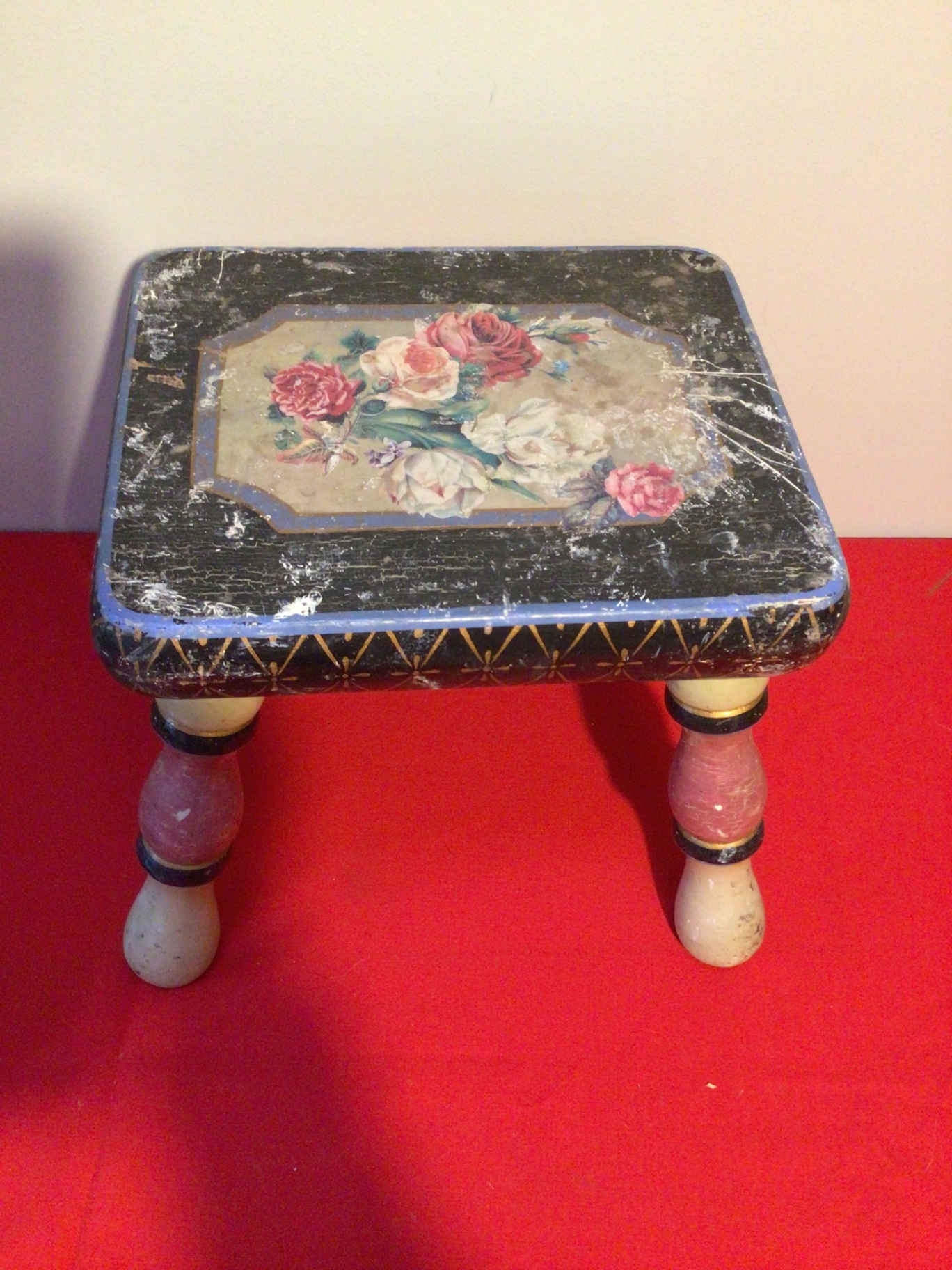 Vintage painted floral-top stool - image 2 of 3