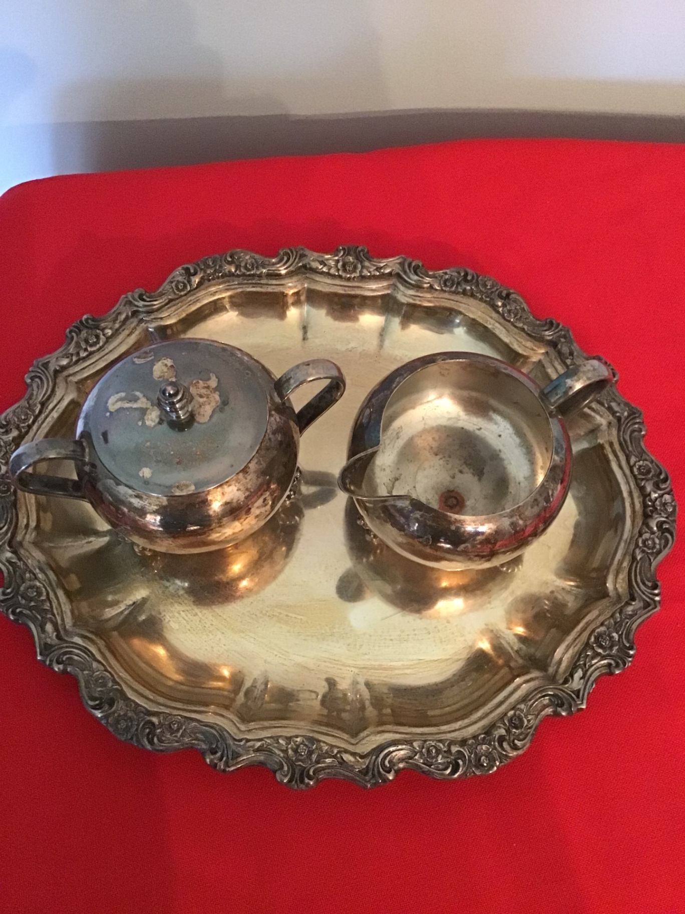 Silverplate creamer, sugar bowl with lid, and ornate serving tray - image 1 of 5