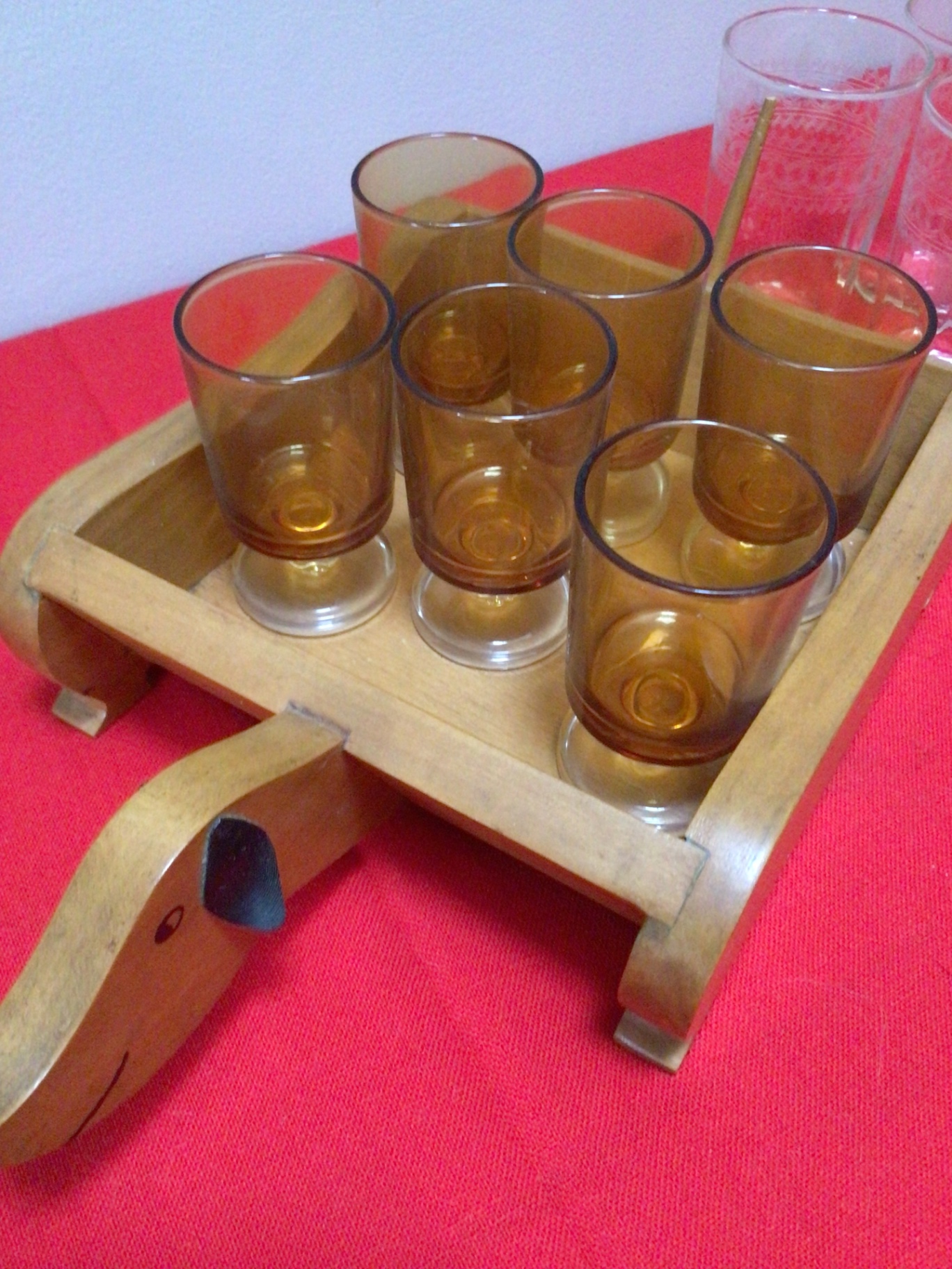 Wooden duck-shaped shot glass caddy with amber glasses - image 3 of 3