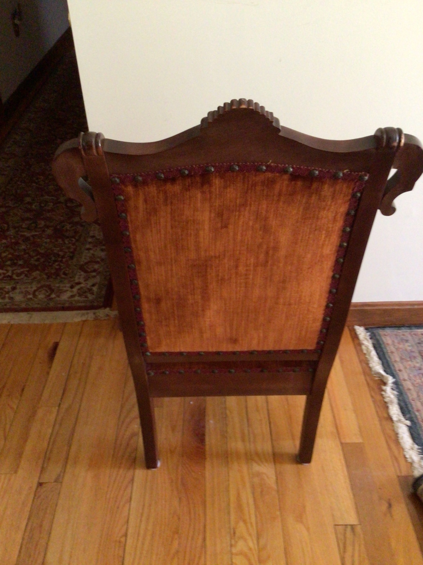 Carved wooden armchair with orange velvet upholstery - image 3 of 4