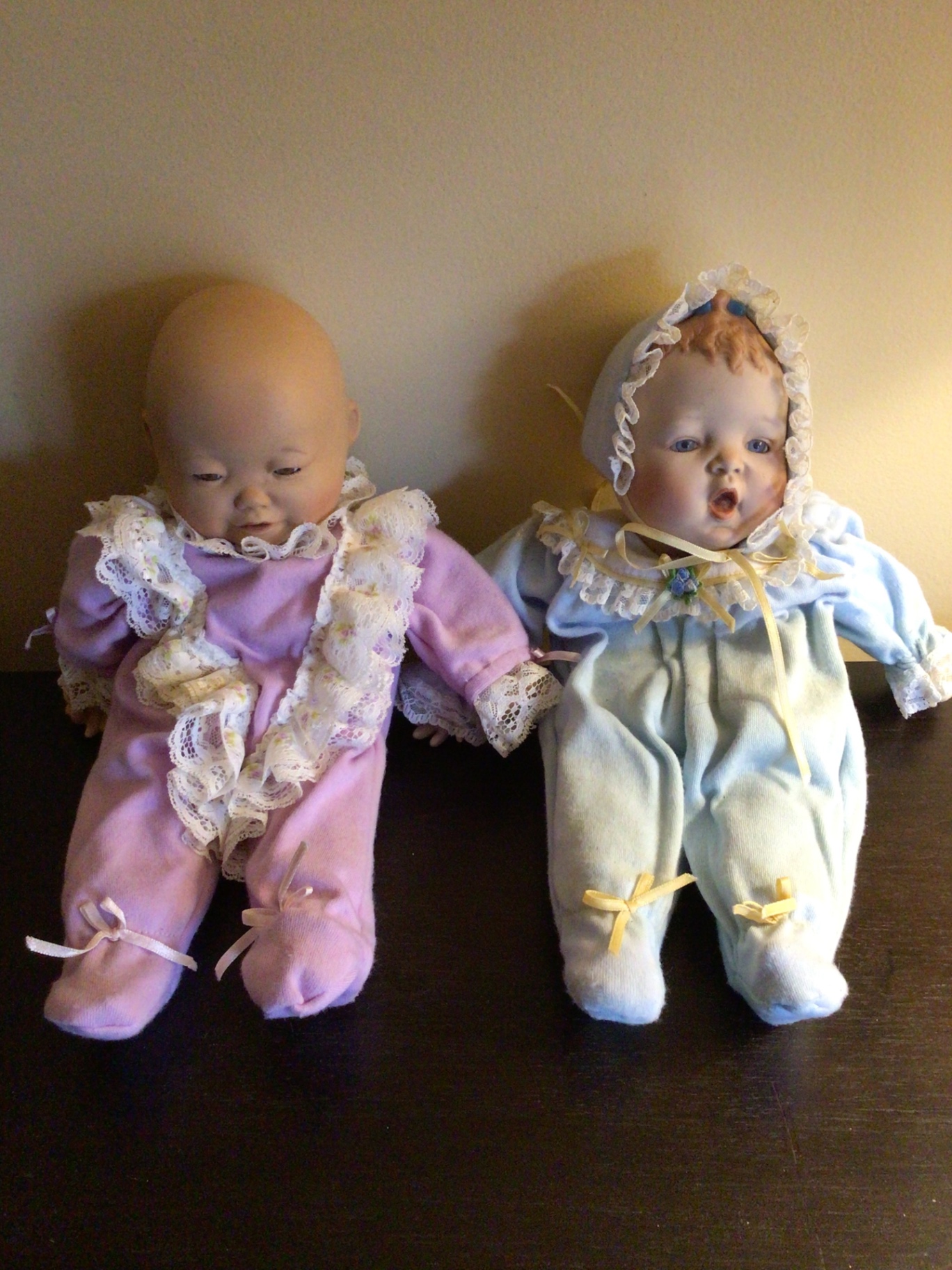 Two pastel-clothed cloth dolls with lace trim - image 1 of 5