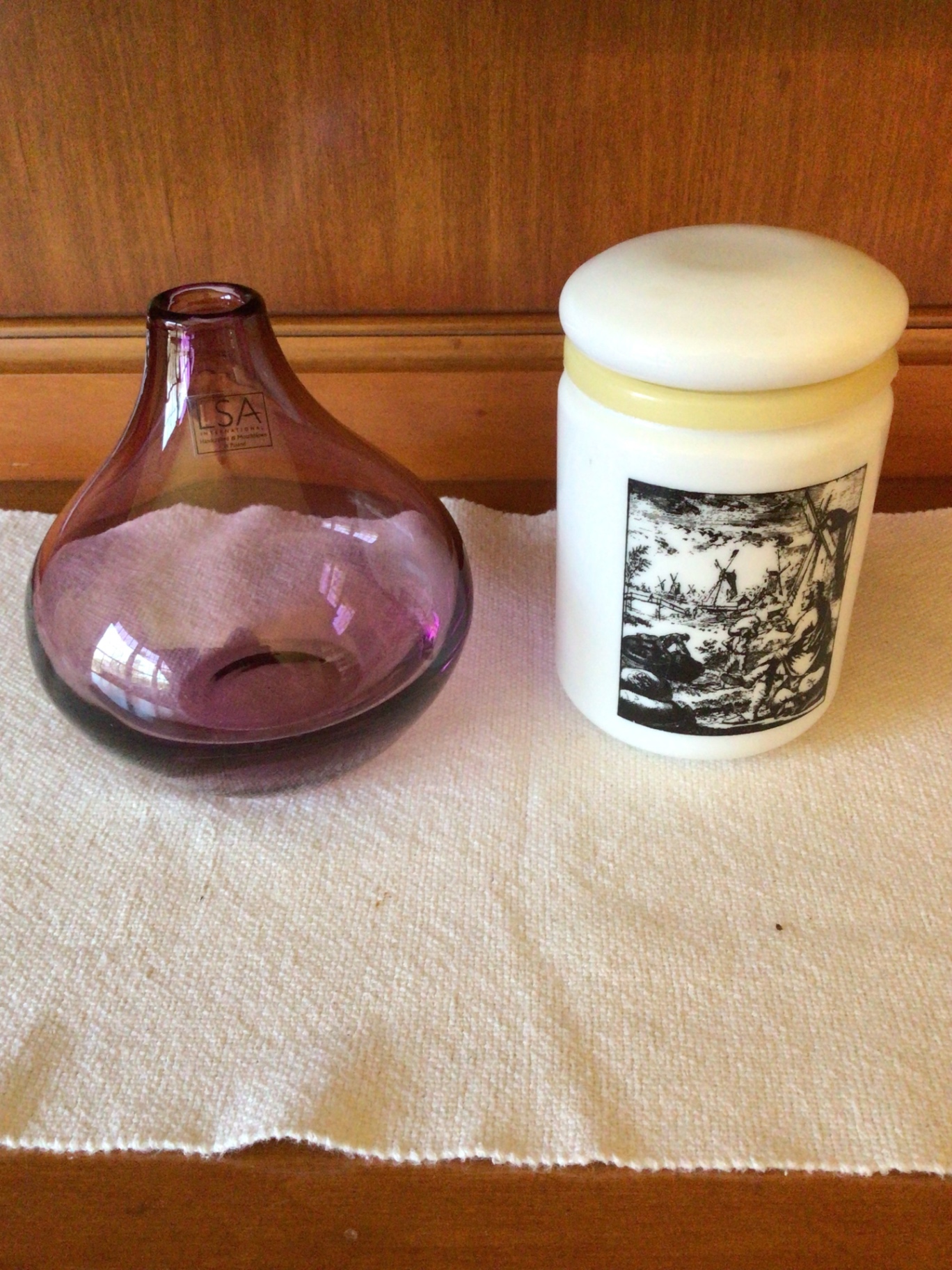 LSA purple glass vase and white ceramic lidded canister with windmill scene - image 1 of 4