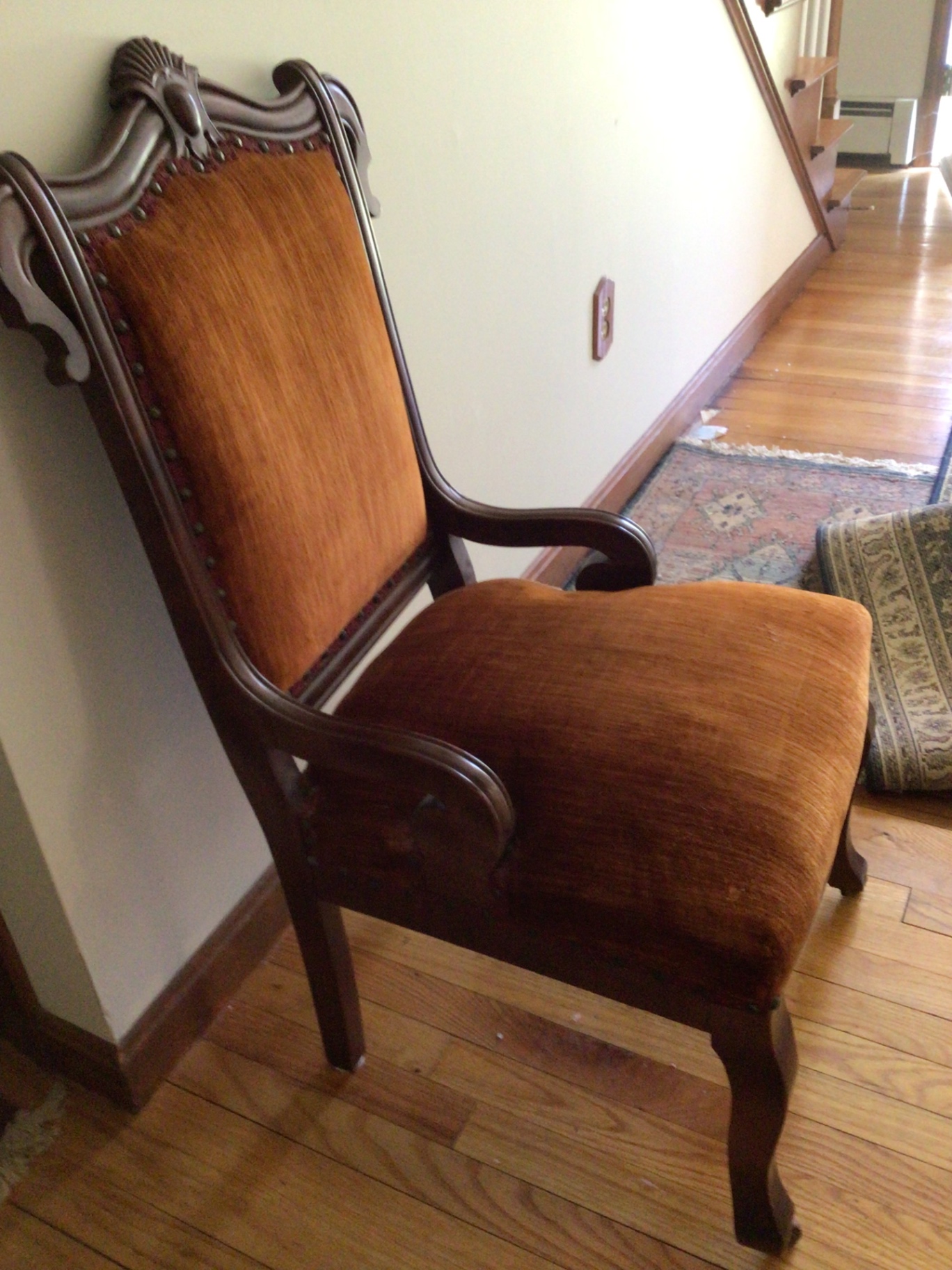 Carved wooden armchair with orange velvet upholstery - image 2 of 4