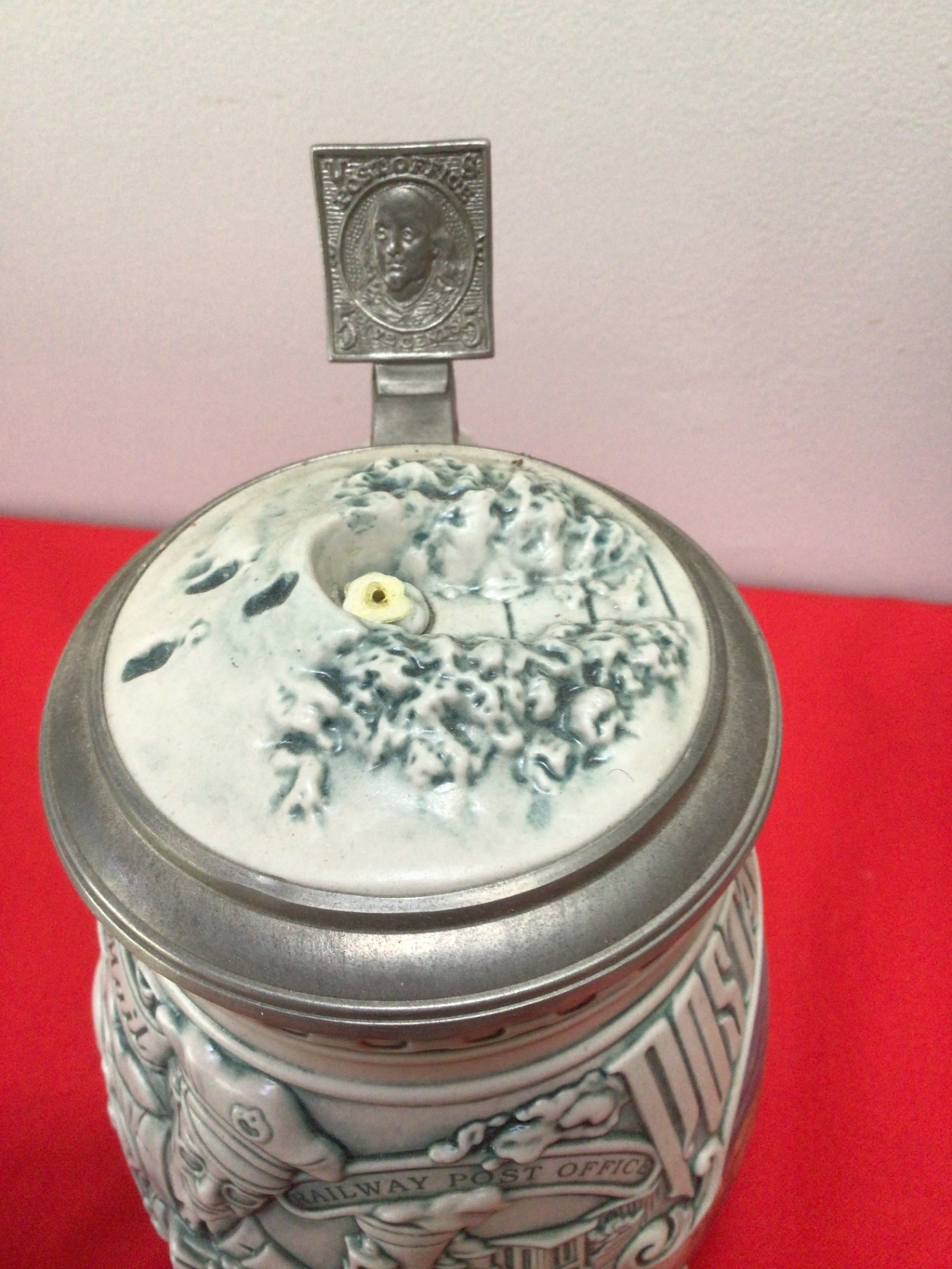 Set of five decorative ceramic beer steins with pewter lids - image 3 of 10