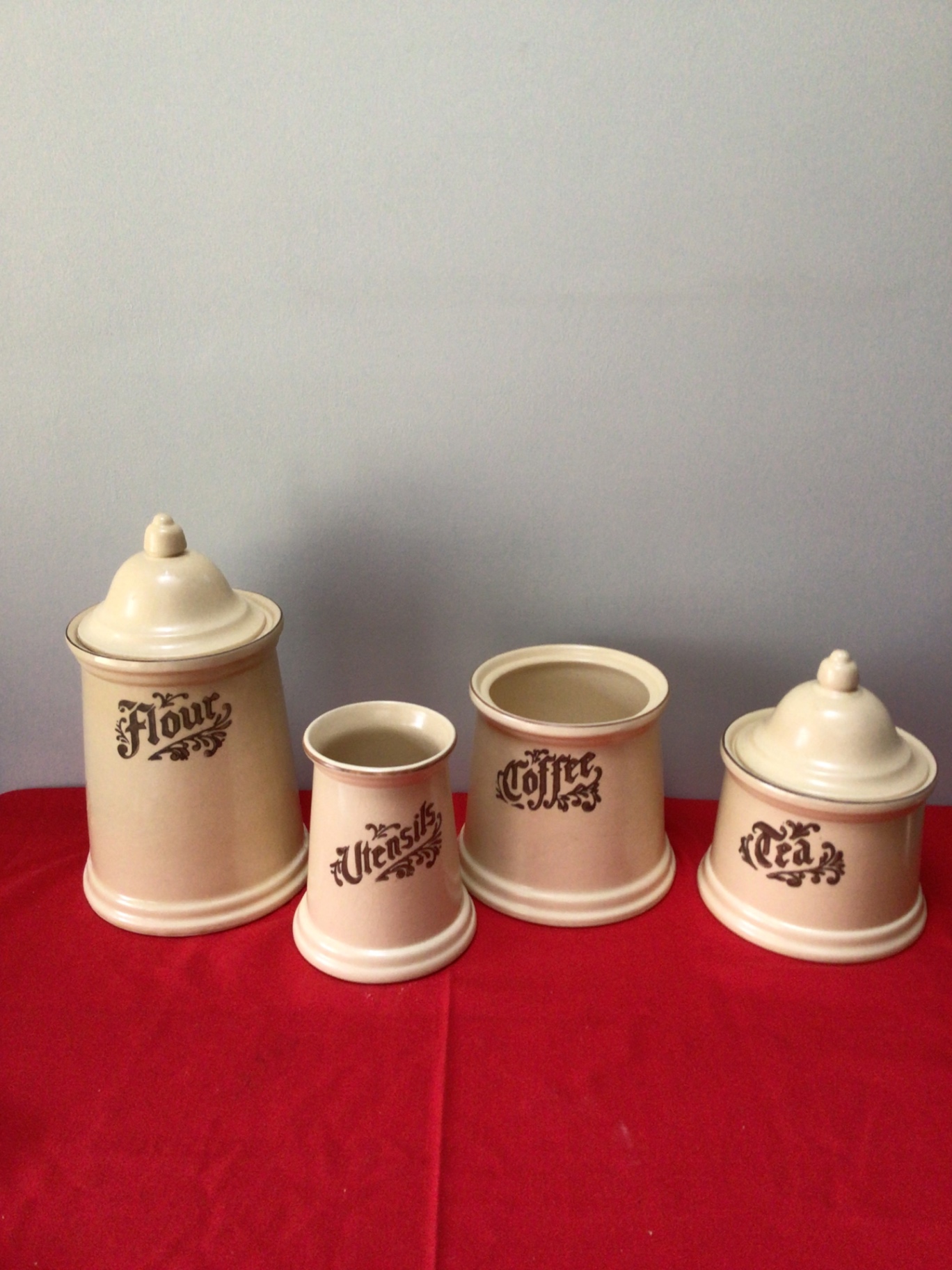 Ceramic canister set labeled Flour, Utensils, Coffee, and Tea - image 1 of 3