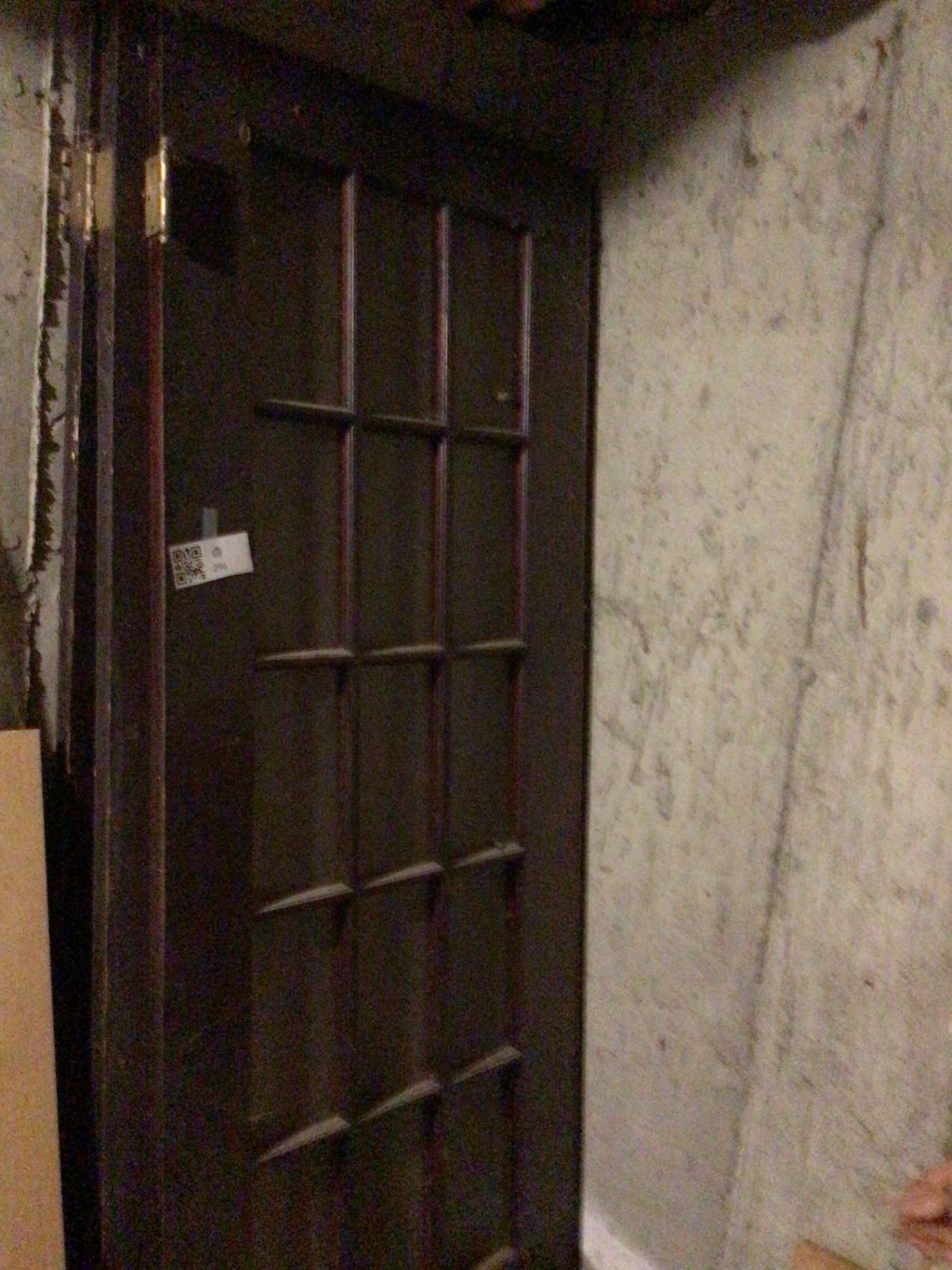 Black grid-pane door with window frame and plywood panel - image 1 of 3