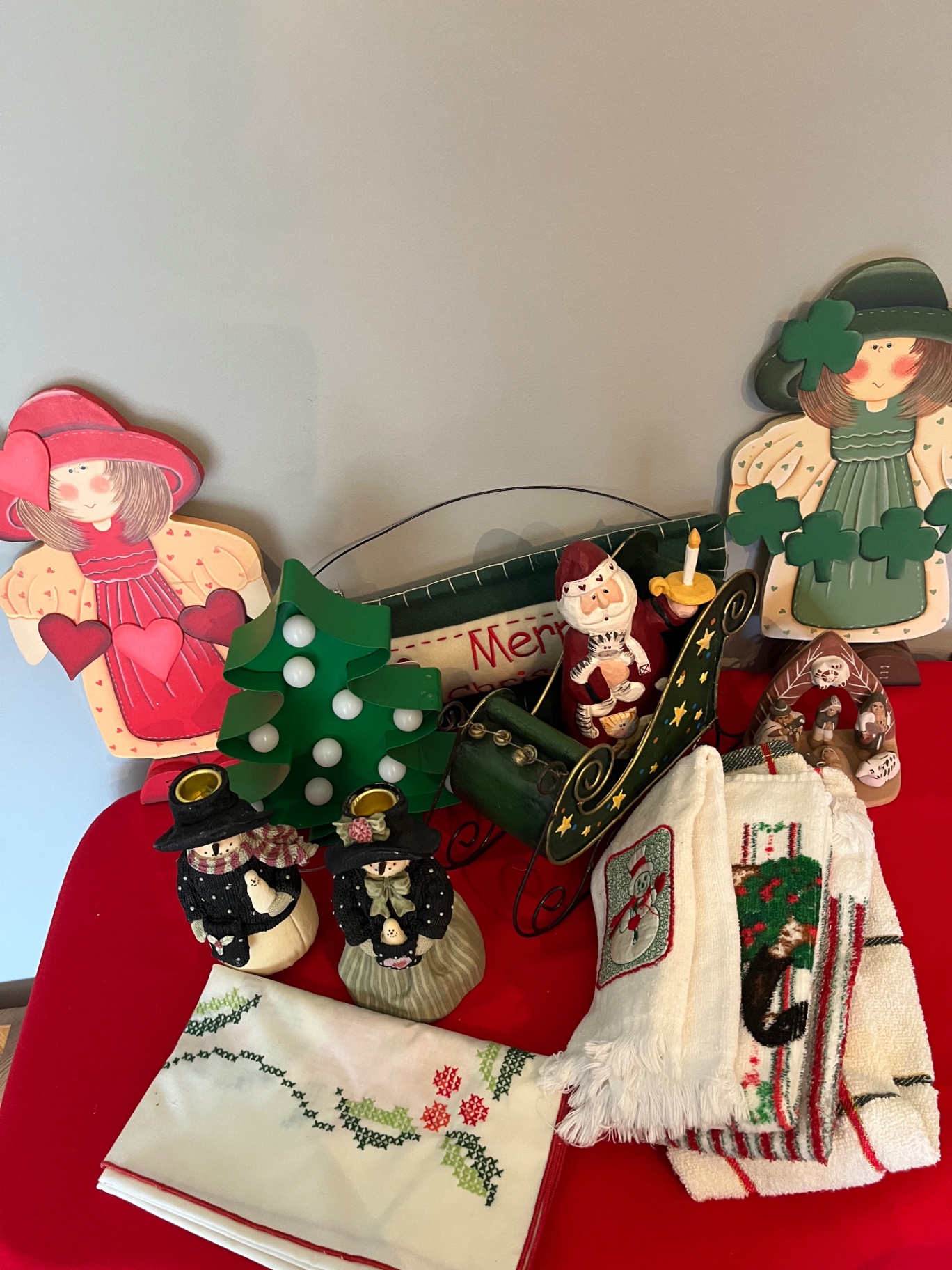 Christmas holiday decor assortment with figurines and textiles - image 1 of 1