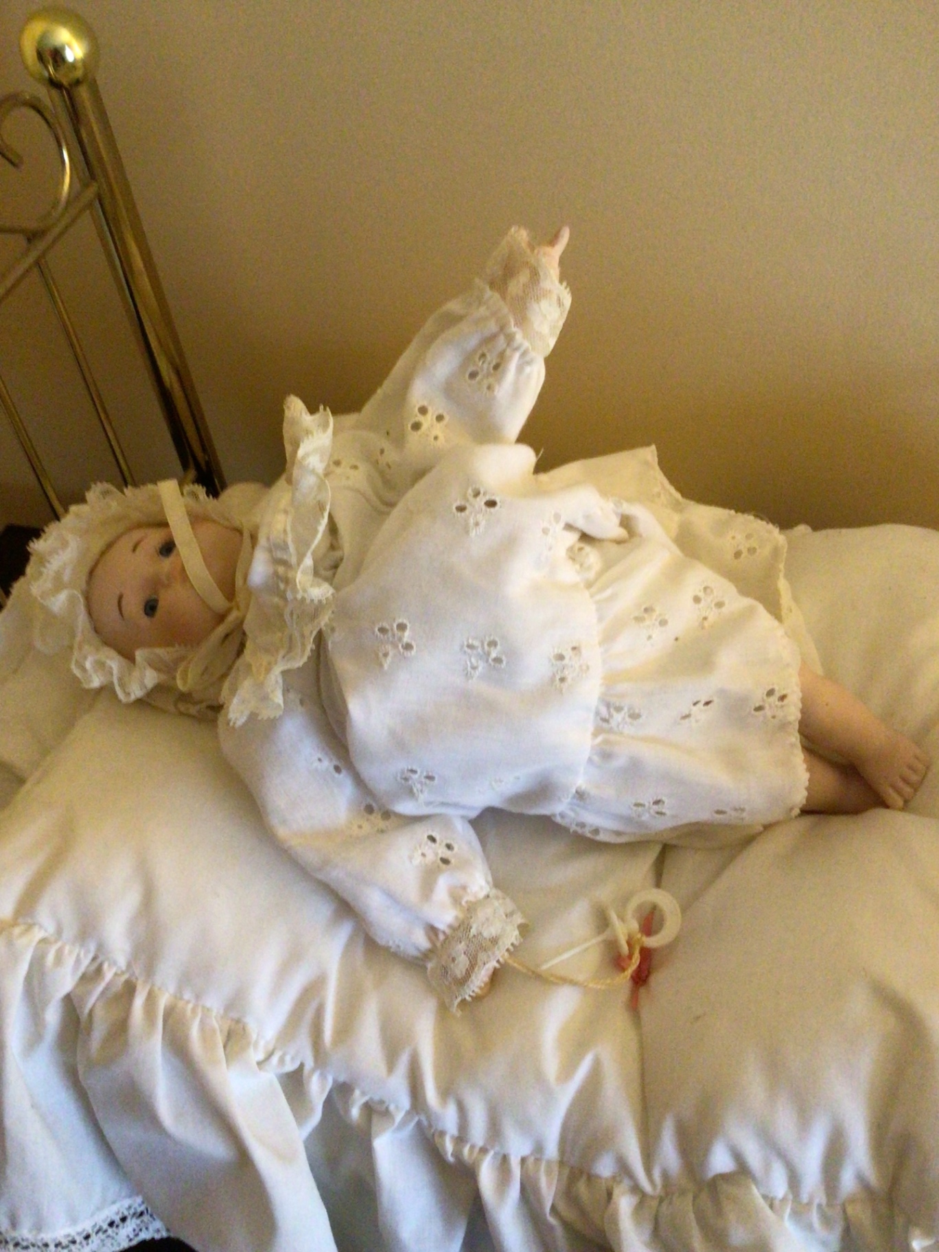 Miniature Brass Bed with Porcelain Doll in White Lace - image 1 of 3