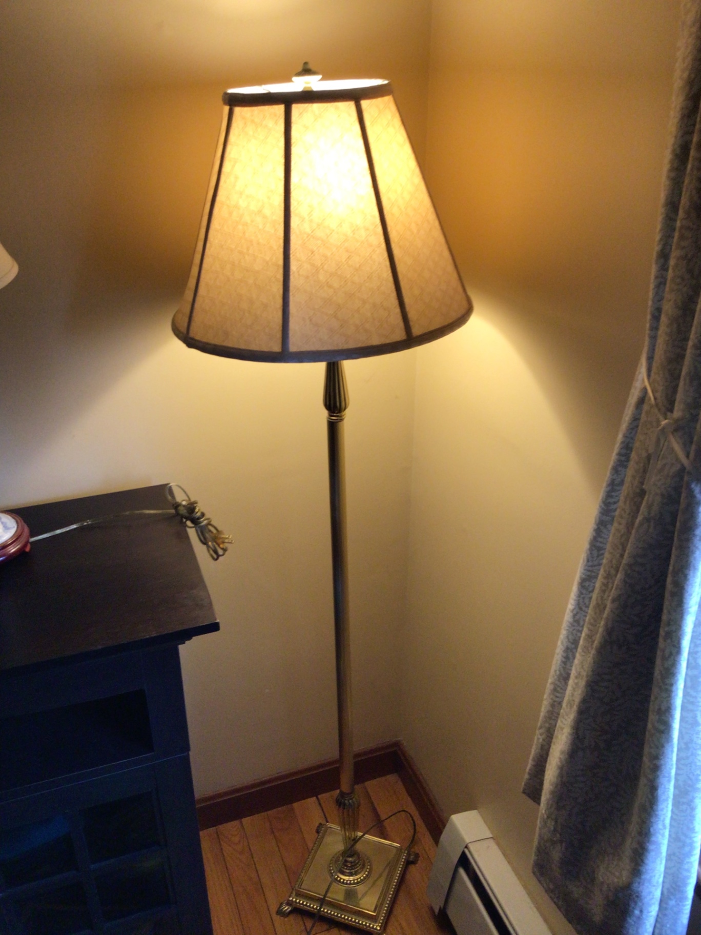 Brass floor lamp with square decorative base and fabric shade - image 1 of 2