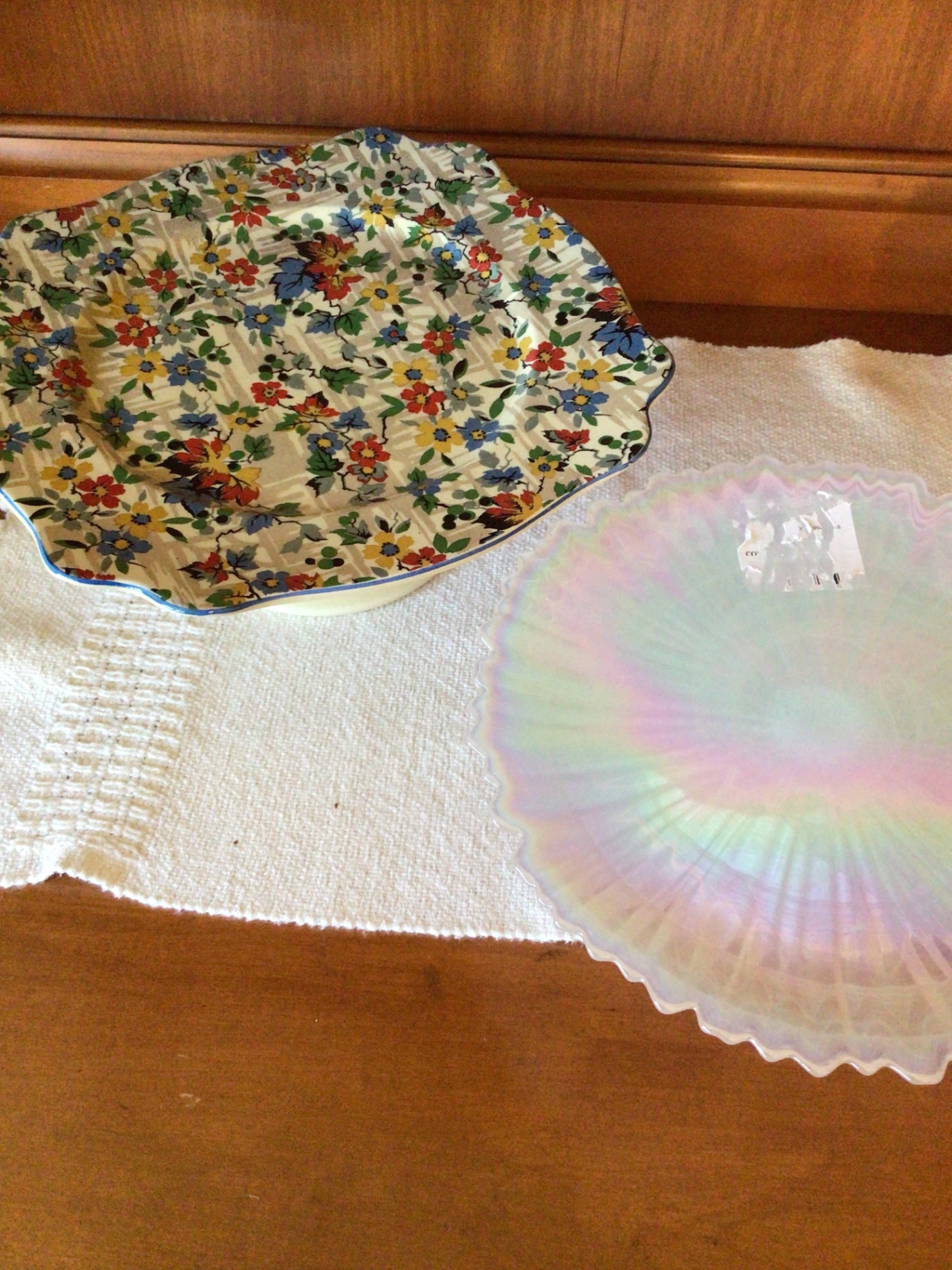 Floral patterned plate on pedestal, iridescent glass plate, and white pedestal cake stand - image 2 of 5