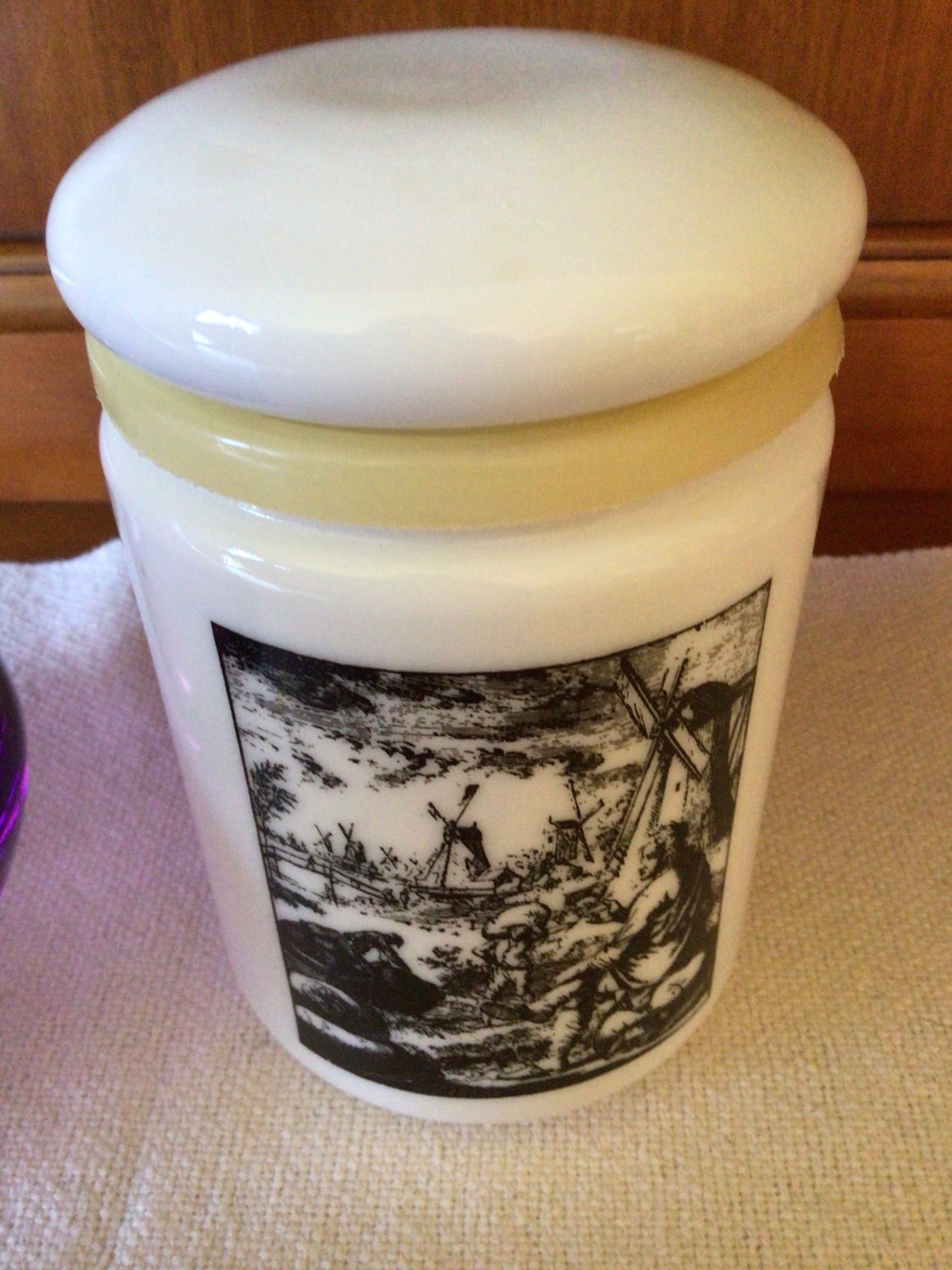 LSA purple glass vase and white ceramic lidded canister with windmill scene - image 3 of 4