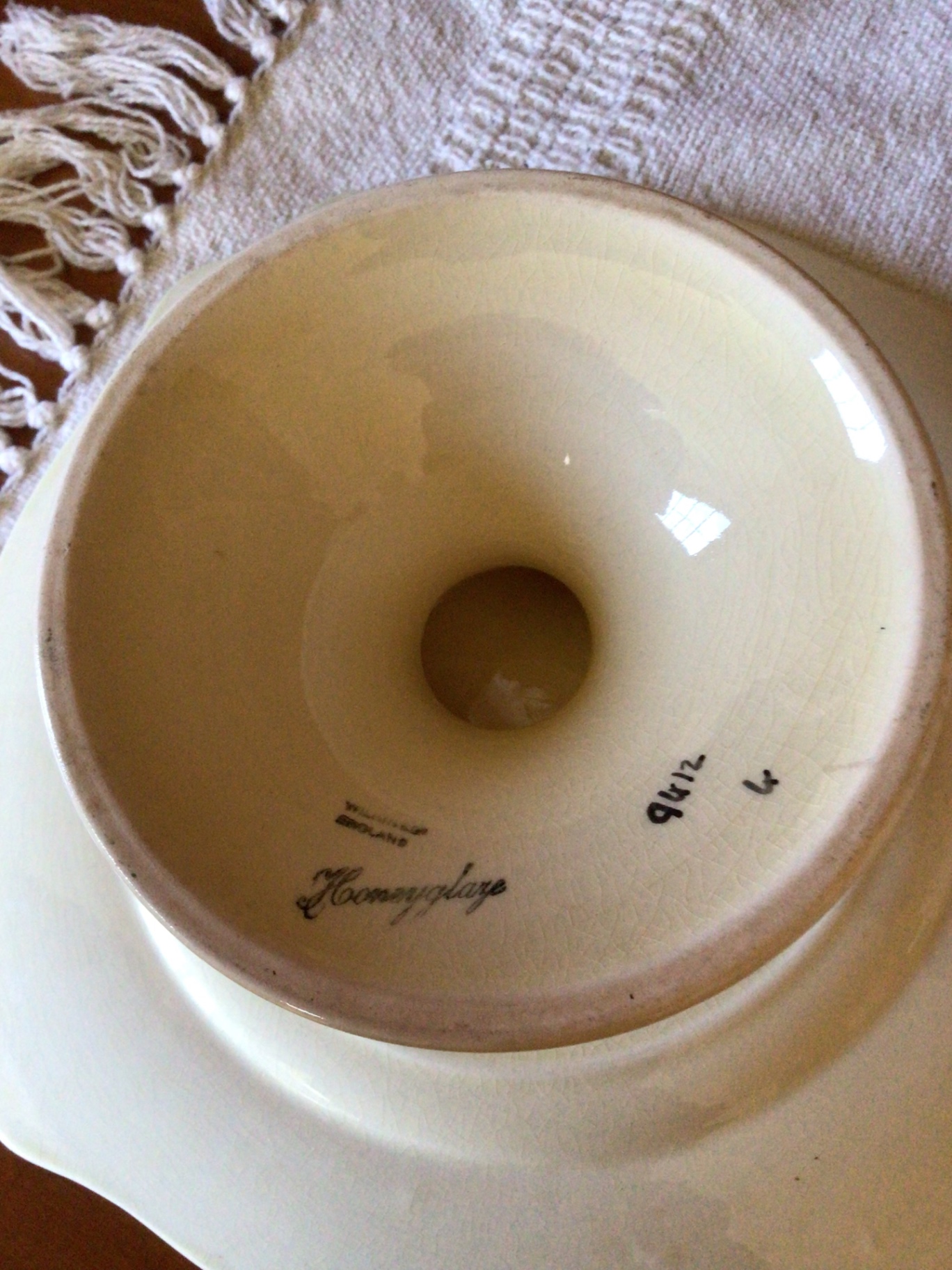 Floral patterned plate on pedestal, iridescent glass plate, and white pedestal cake stand - image 5 of 5