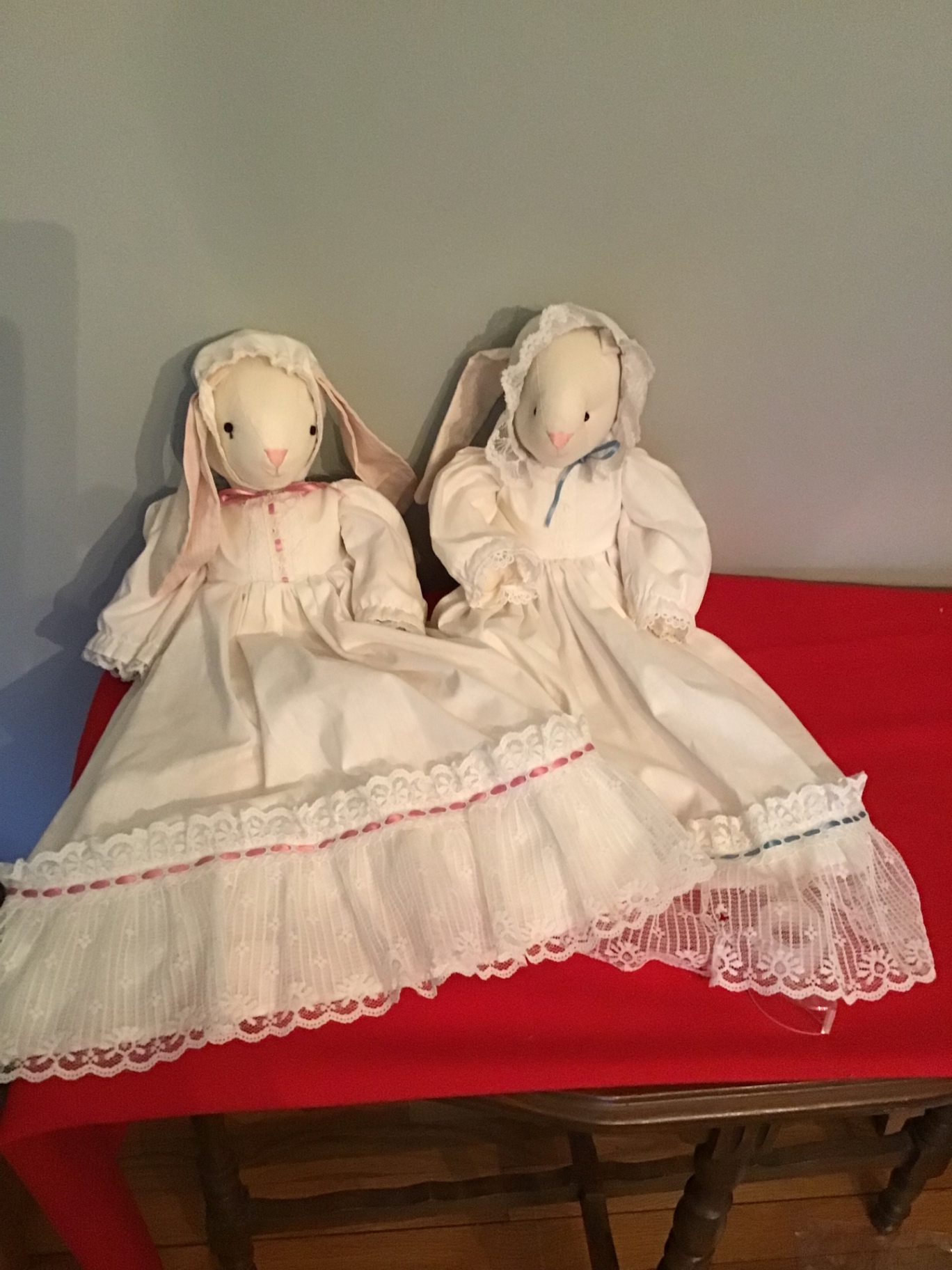Two plush Easter bunny dolls in lace-trimmed dresses - image 1 of 1